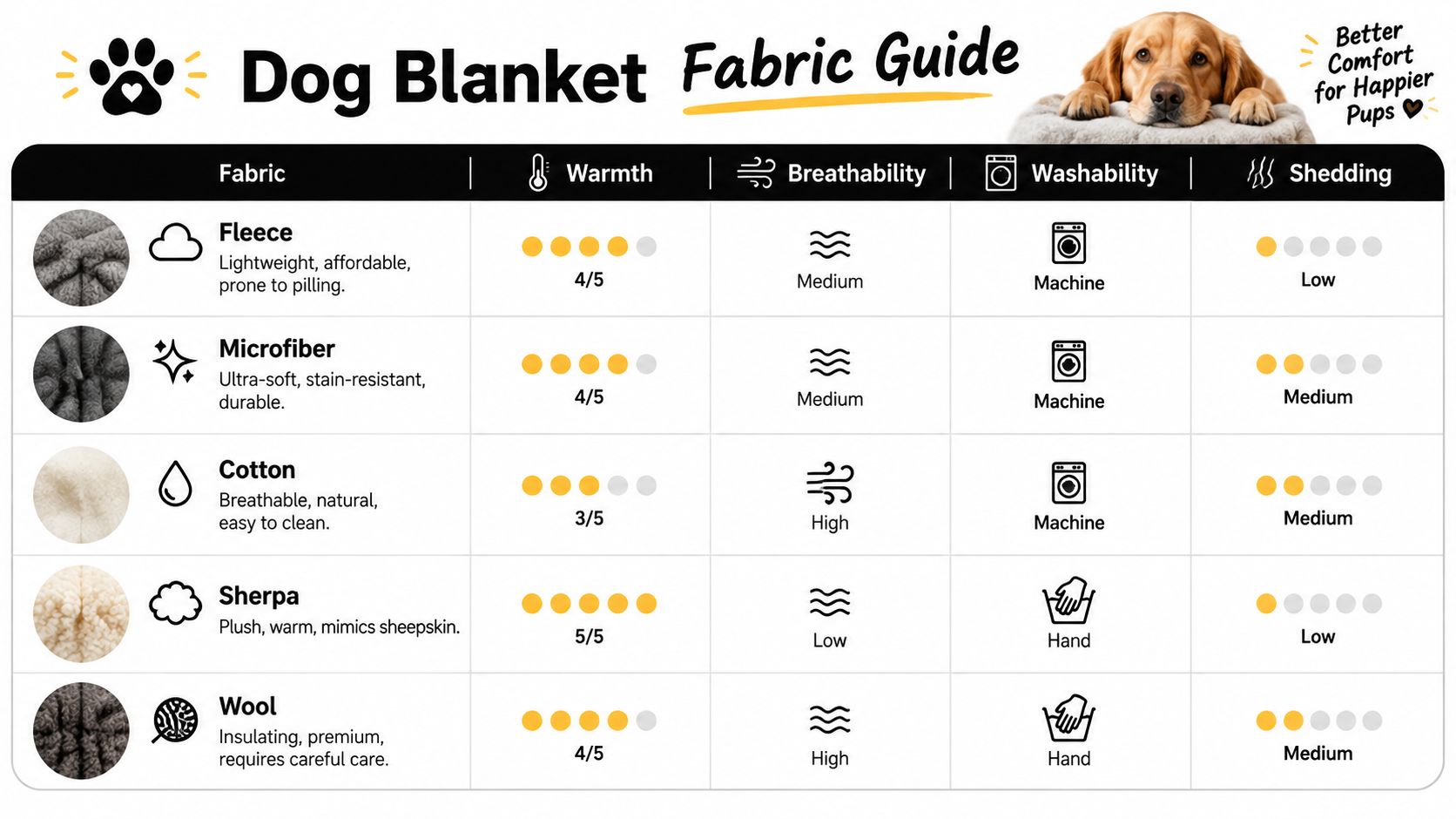 A comparison chart outlining the pros and cons of five different dog blanket fabrics for pet comfort.