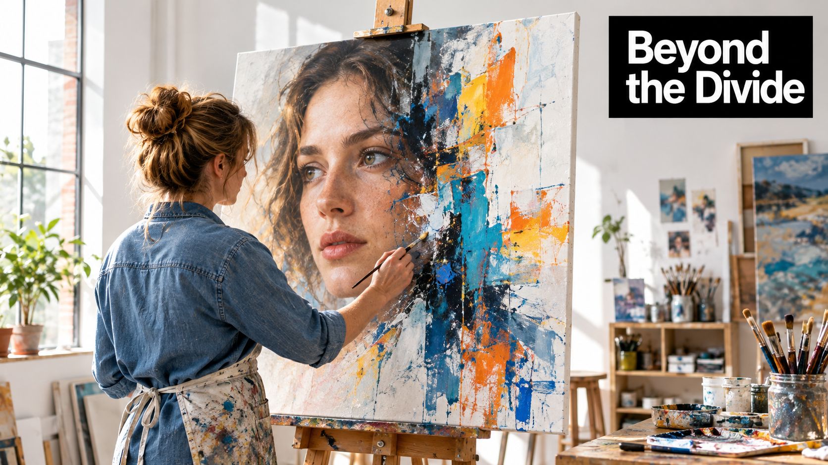 A female artist wearing an apron painting a detailed realistic and abstract portrait on a large canvas.