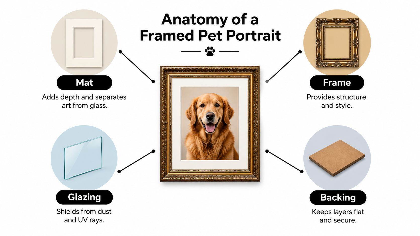 An infographic detailing the components of a framed pet portrait, including the mat, frame, glazing, and backing.