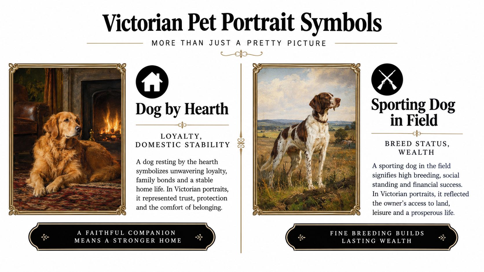 An educational infographic displaying symbolic meanings behind Victorian era pet portraits featuring dogs in specific settings.
