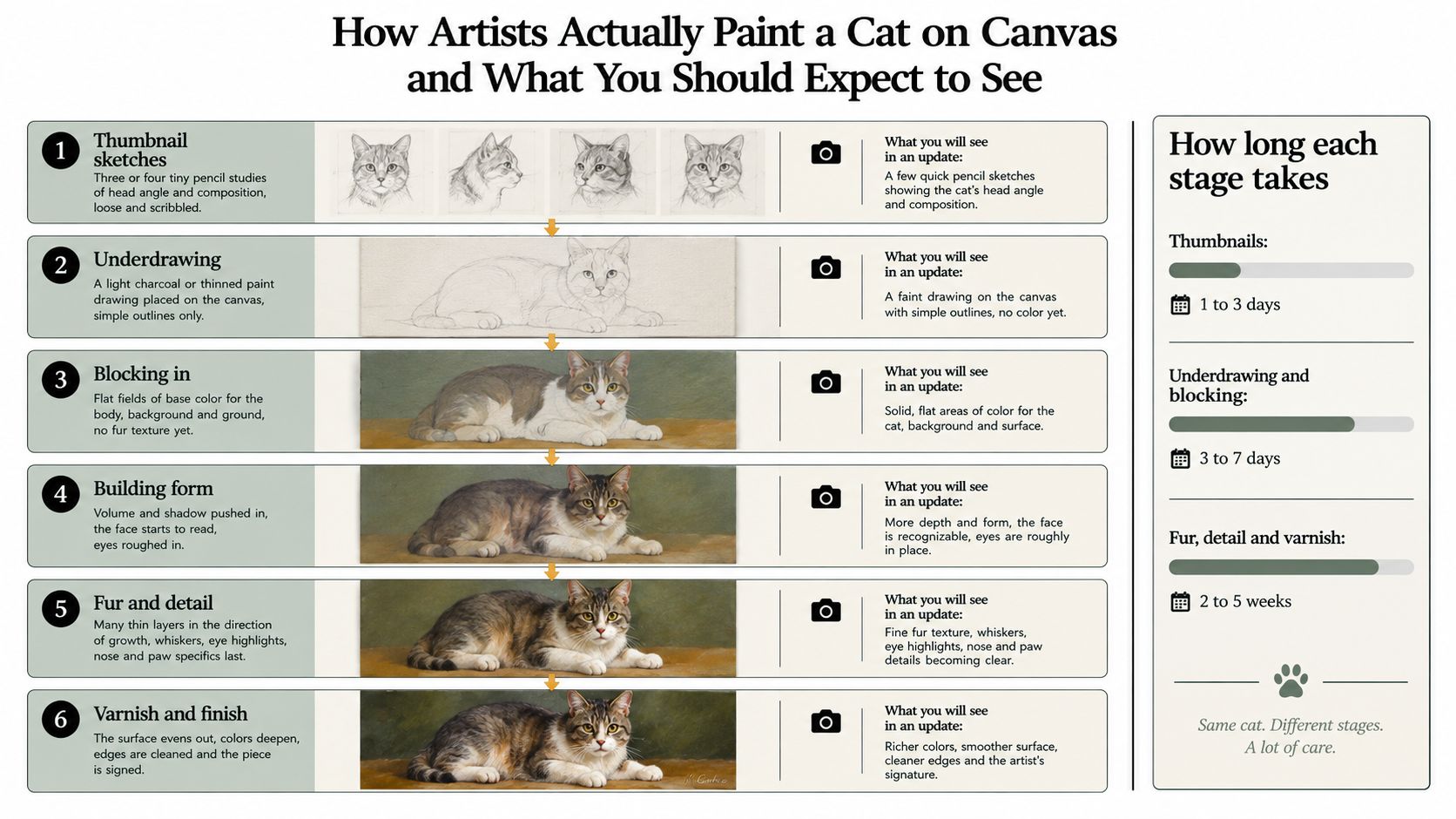 A six-stage infographic detailing the step-by-step process of creating a professional cat portrait painting on canvas.