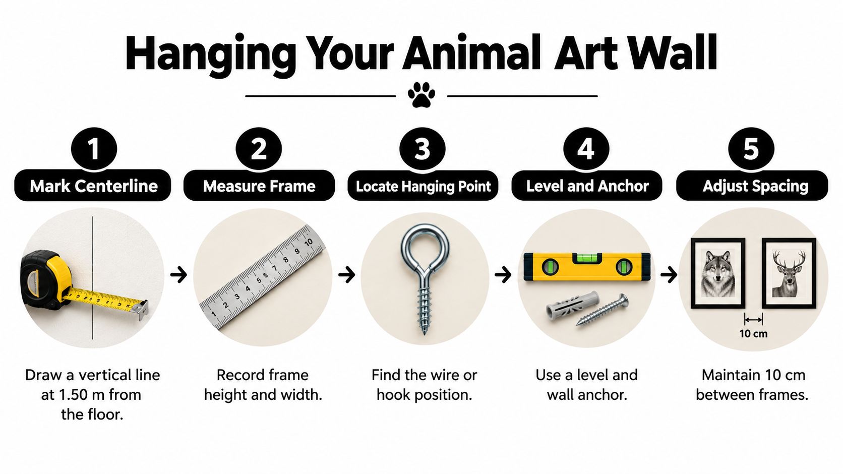 A five-step instructional guide on how to hang animal art wall decor with measuring and spacing instructions.