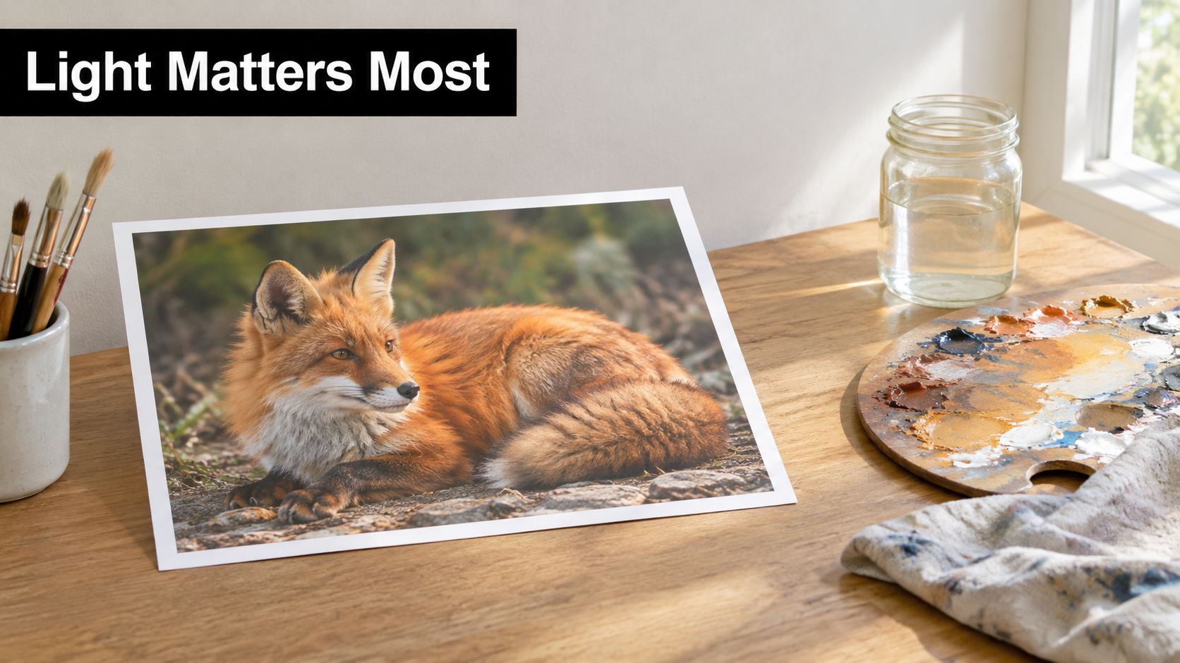 A photo of a red fox print resting on a wooden desk with brushes and paint palette.