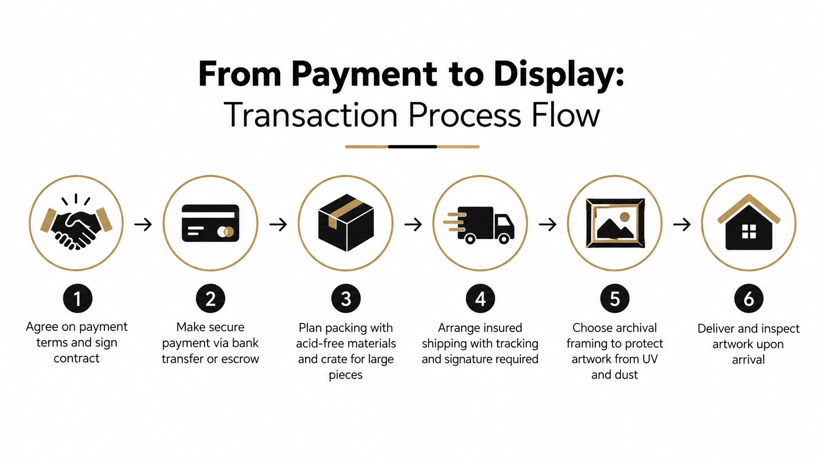 A six-step infographic illustrating the professional process of purchasing, shipping, and displaying original fine art pieces.