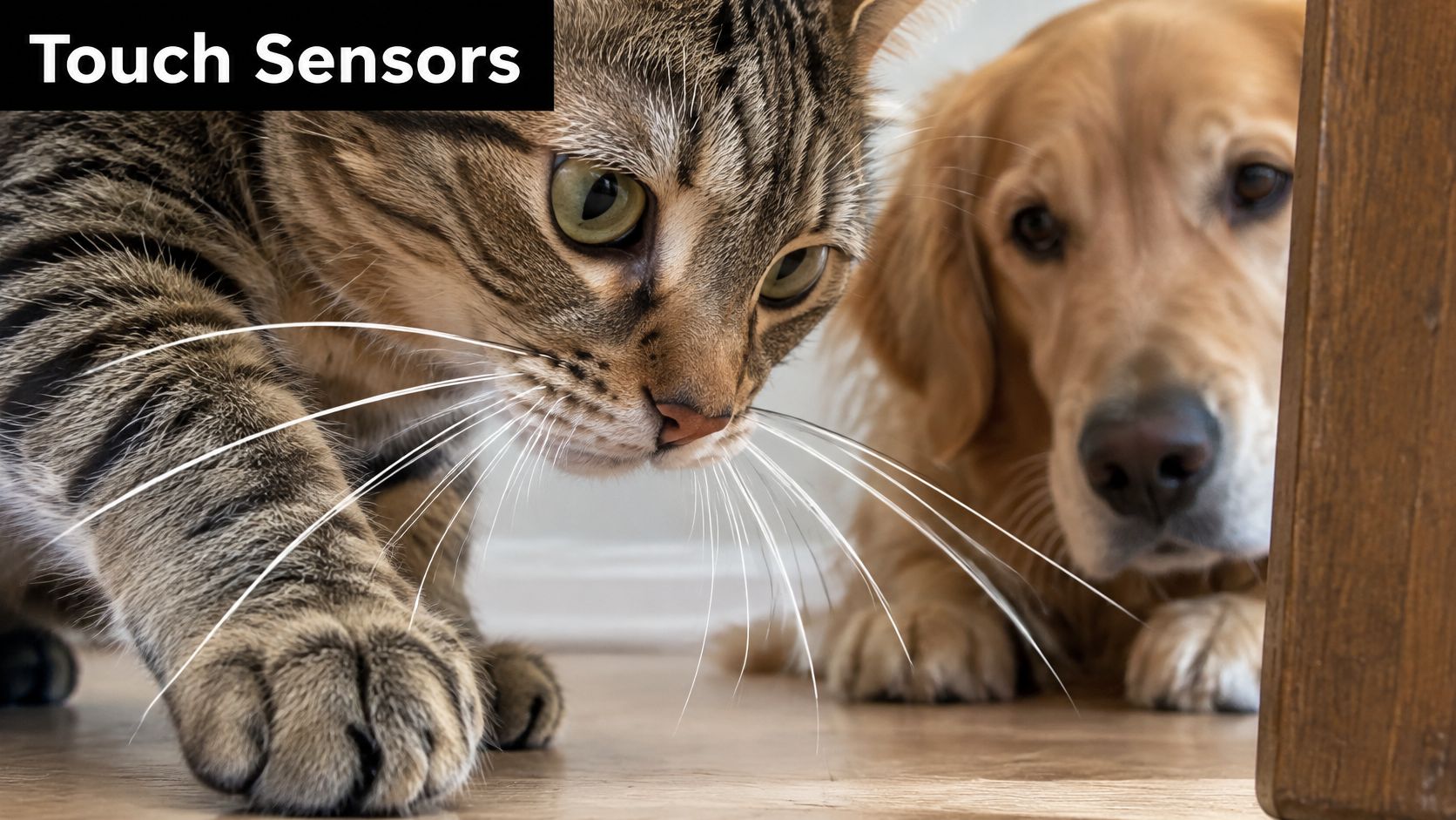 A close-up view of a tabby cat and a golden retriever dog exploring with their sensitive whiskers.