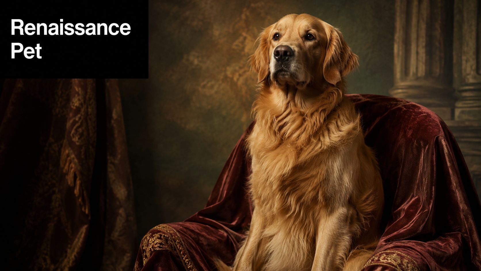 A regal golden retriever dog sits majestically on a velvet chair in a classic Renaissance style portrait.