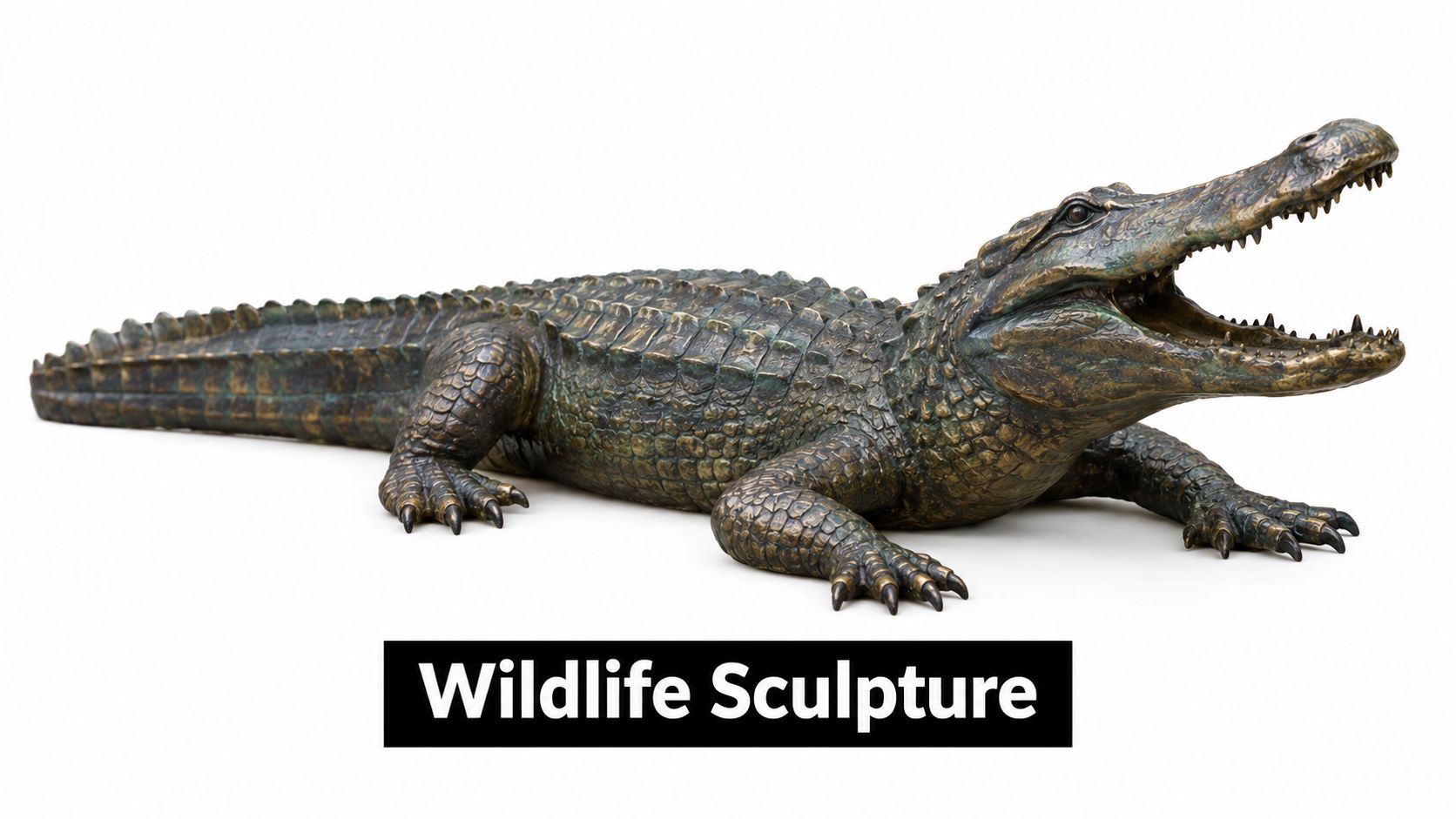 A detailed bronze sculpture of an alligator with its mouth open on a plain white background.