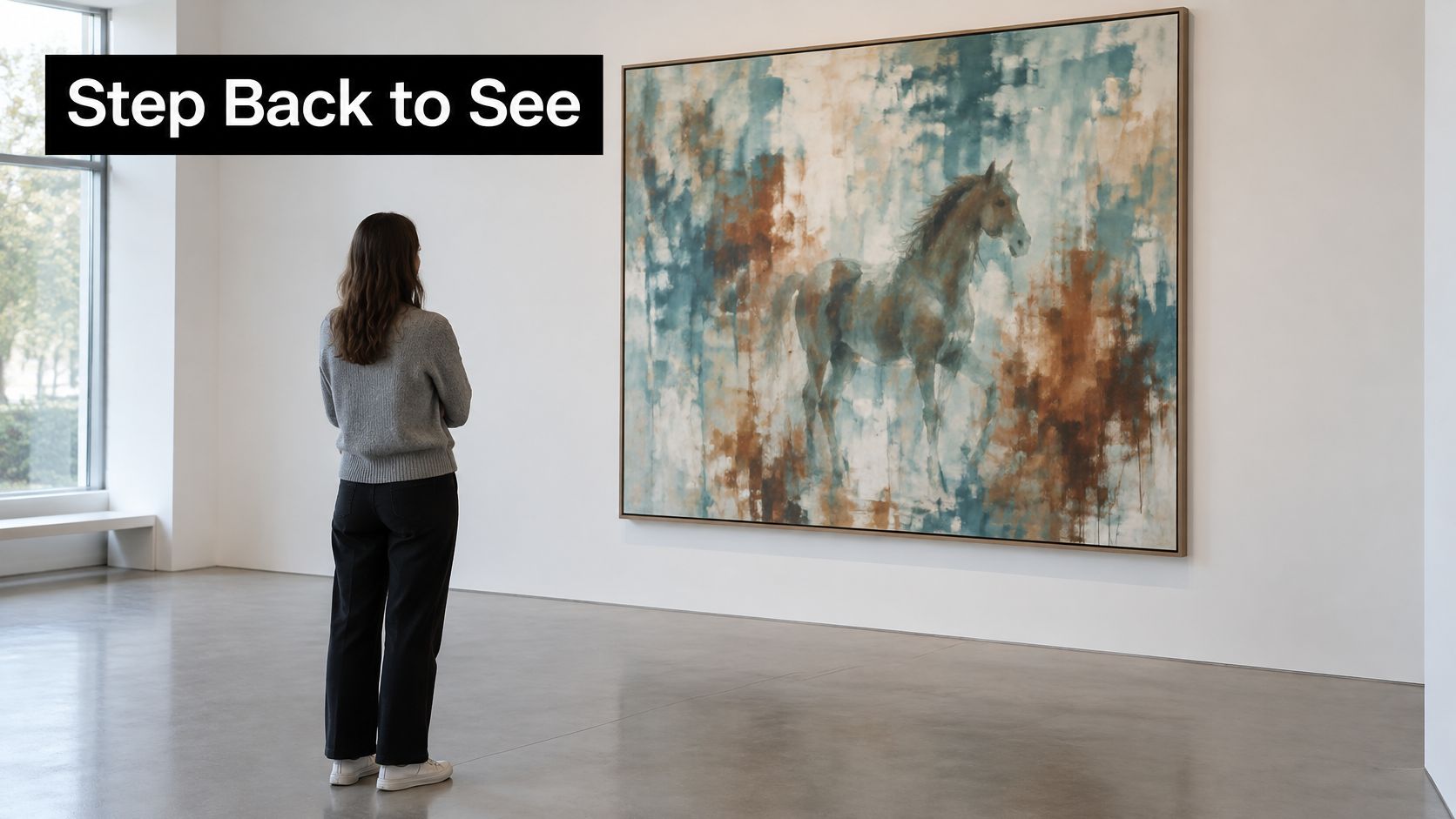 A woman stands in a bright art gallery admiring a large abstract painting of a horse.