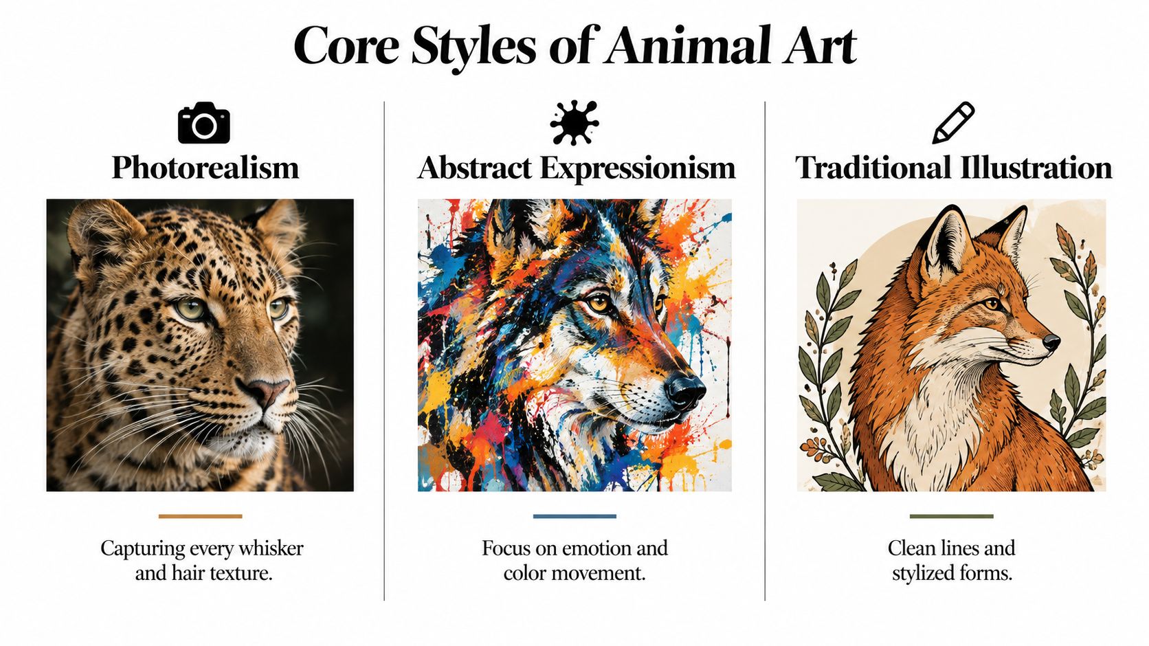 A comparison chart showing three distinct styles of animal art: Photorealism, Abstract Expressionism, and Traditional Illustration.