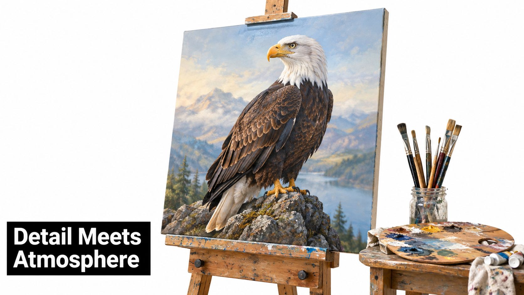 A detailed painting of a bald eagle perched on a rock displayed on an artist easel.