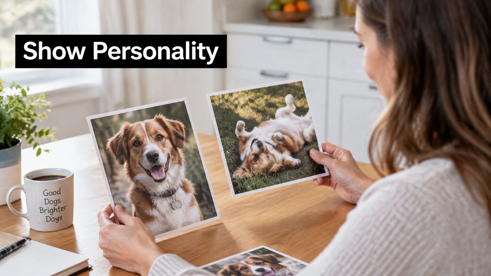 A person sitting at a table looking at printed photos of their happy brown and white dog.