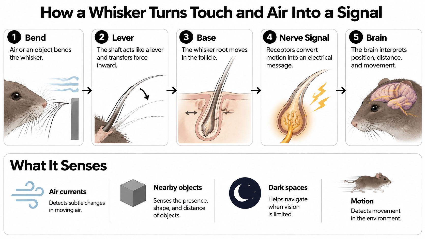An infographic illustrating how a rodent's whiskers convert physical touch and air movement into brain signals.