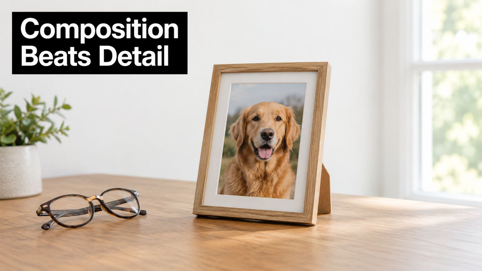 A wooden picture frame containing a golden retriever photo sits on a desk next to glasses.