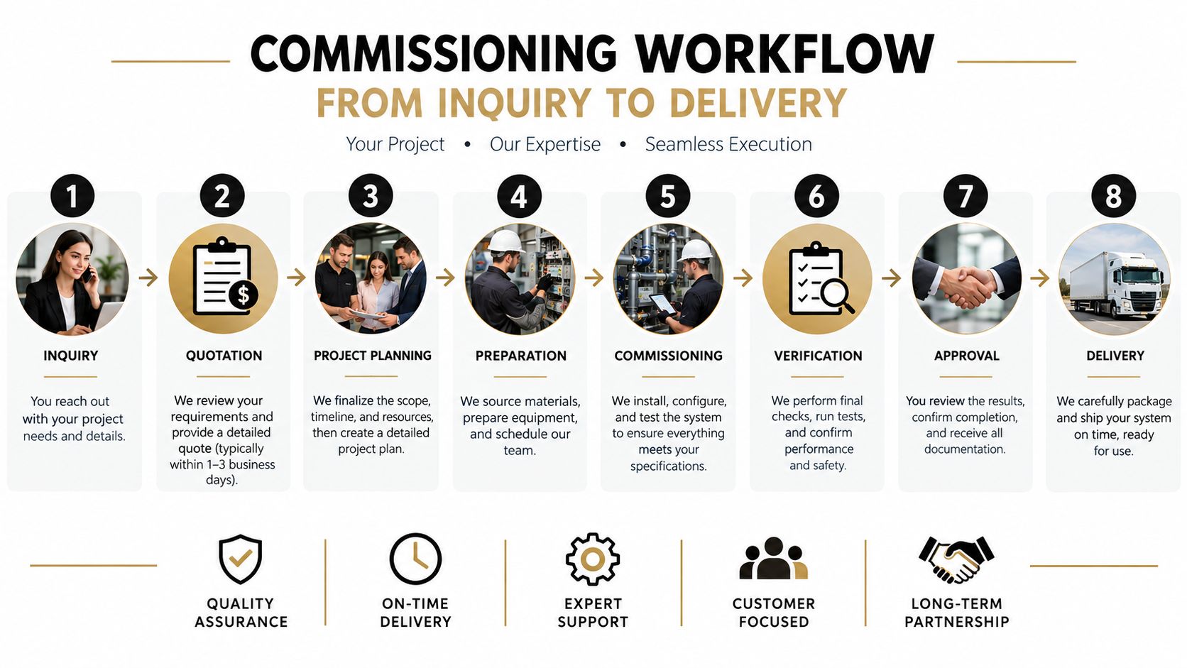 A structured flowchart titled Commissioning Workflow detailing an eight-step process from initial inquiry to final delivery of systems.