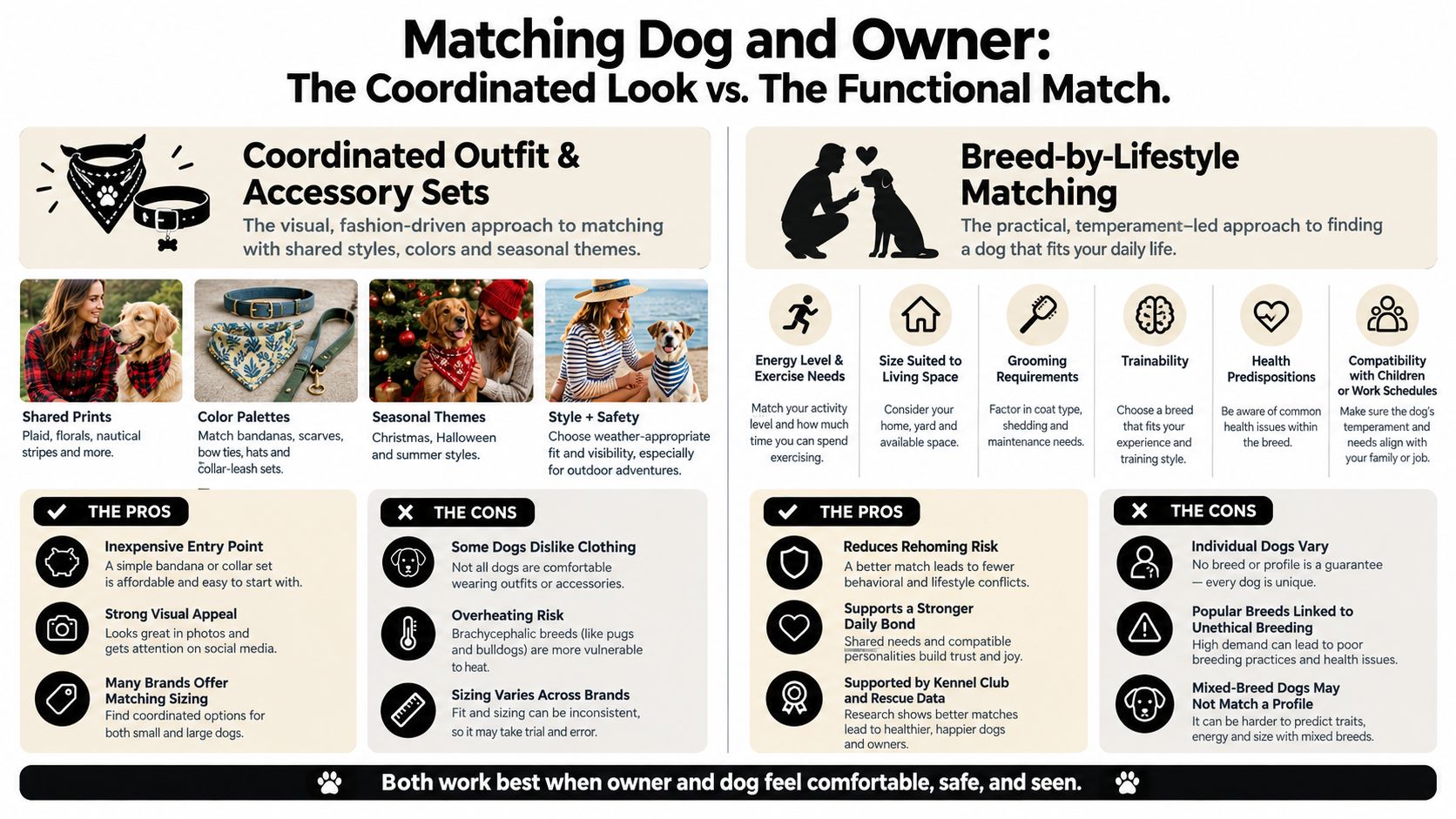 An infographic comparing fashion-based matching outfits versus practical breed-by-lifestyle matching for dogs and their owners.