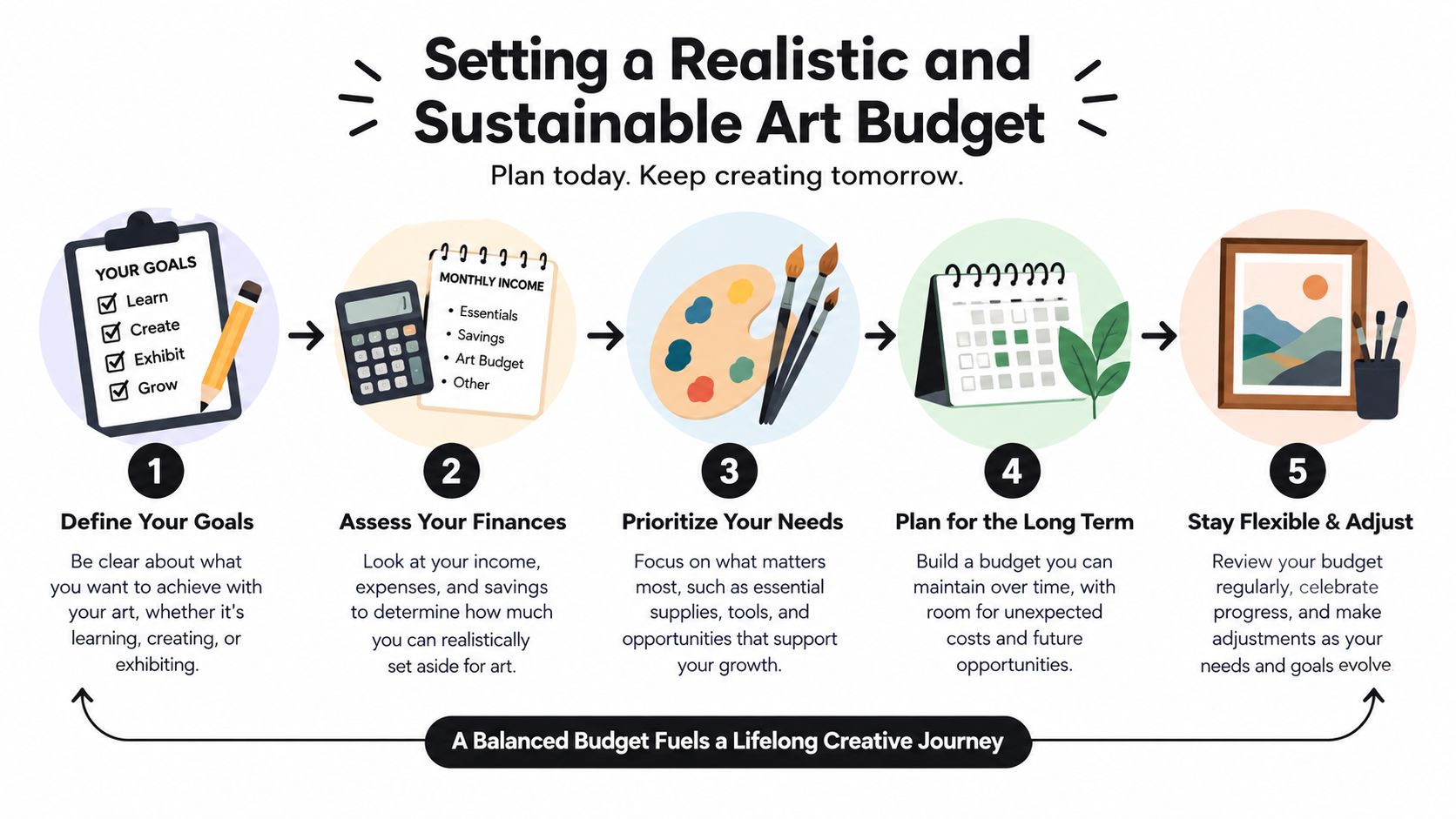An infographic showing five steps for artists to set a realistic and sustainable budget for their work.