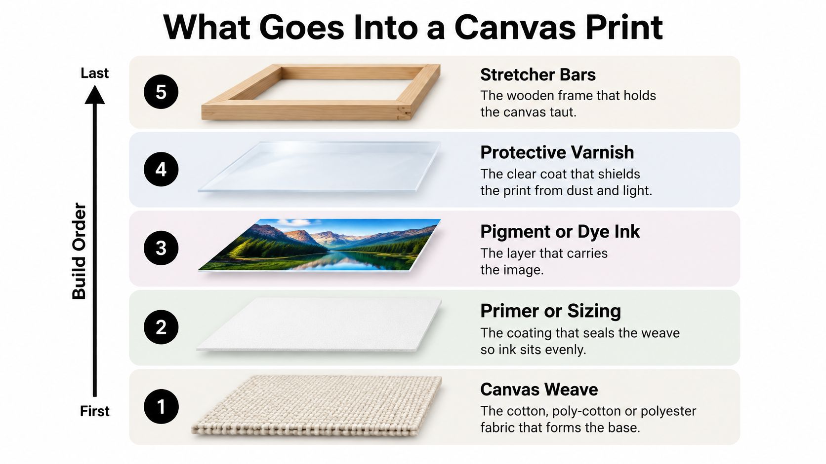 An infographic detailing the five-step process of creating a canvas print from base fabric to framing.