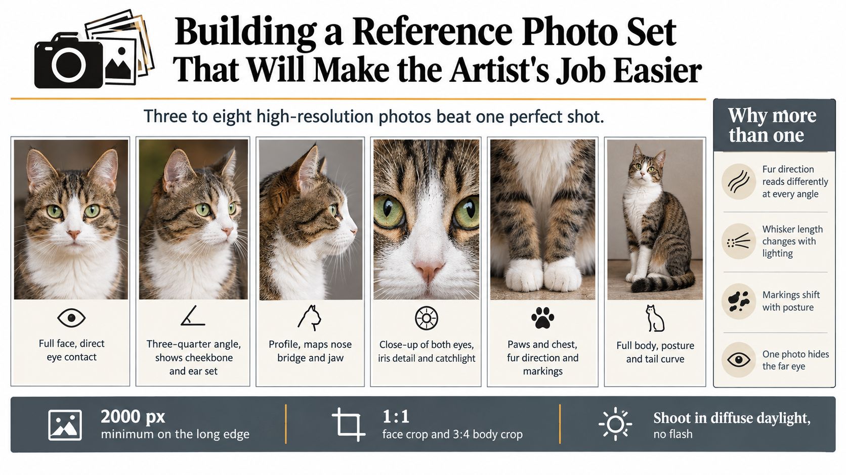 An infographic showing how to take multiple high-resolution reference photos of a cat for artists.
