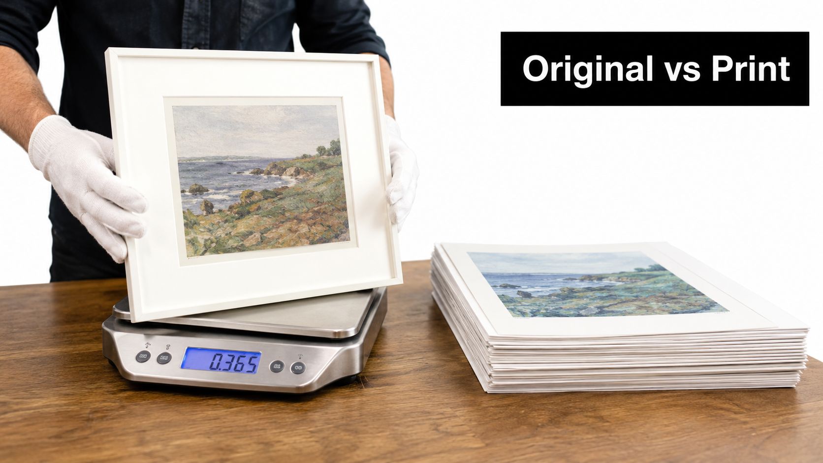 A person wearing white gloves holding a framed landscape painting on a digital scale beside a stack of prints.