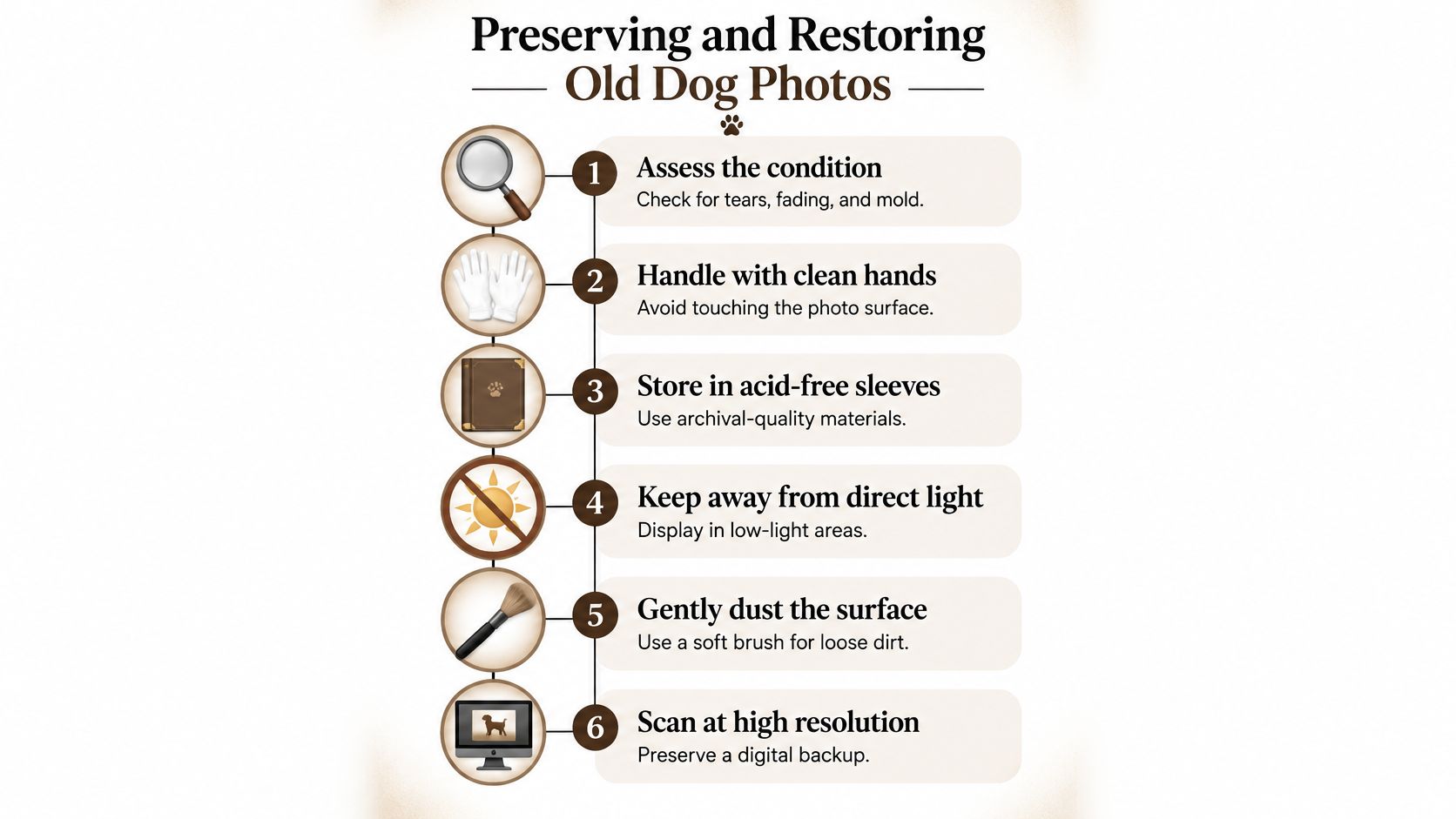 An infographic detailing six essential steps for preserving and restoring vintage dog photographs in a safe manner.