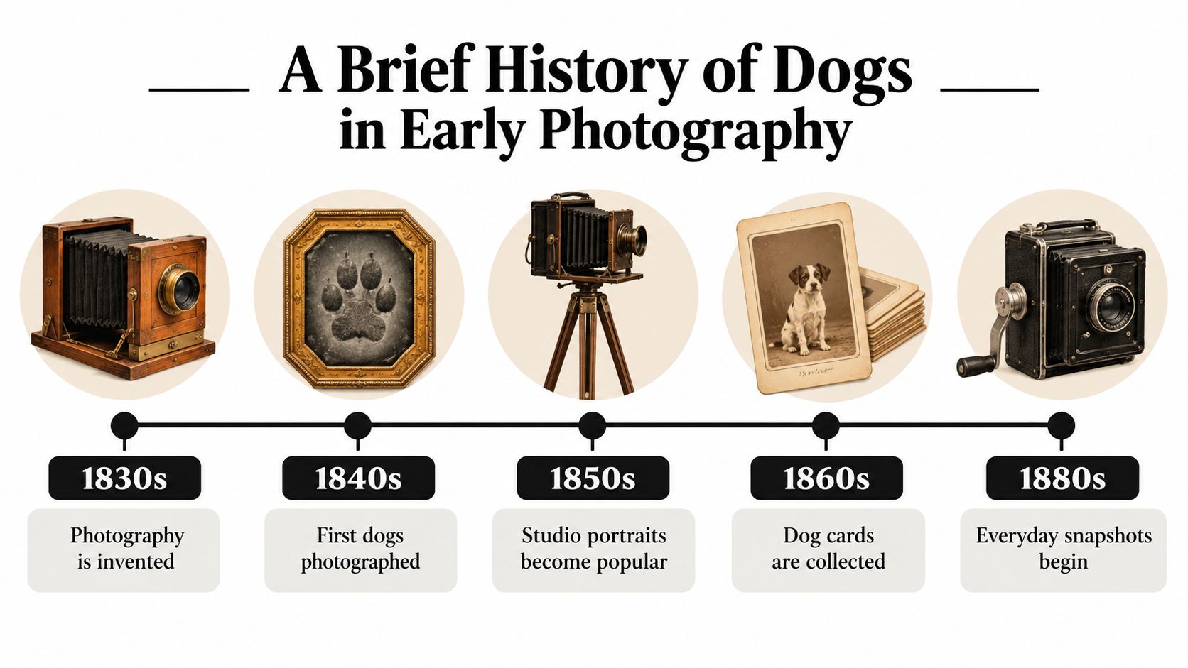 A timeline titled A Brief History of Dogs in Early Photography showing the evolution of cameras and pet photography.