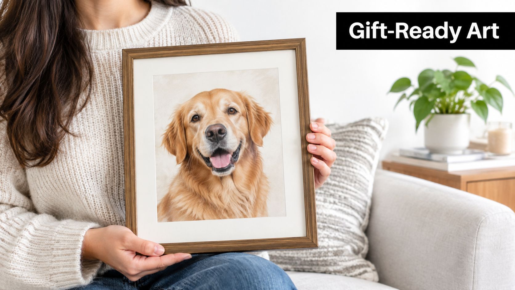 A woman holds a framed portrait of a golden retriever dog while sitting on a couch.