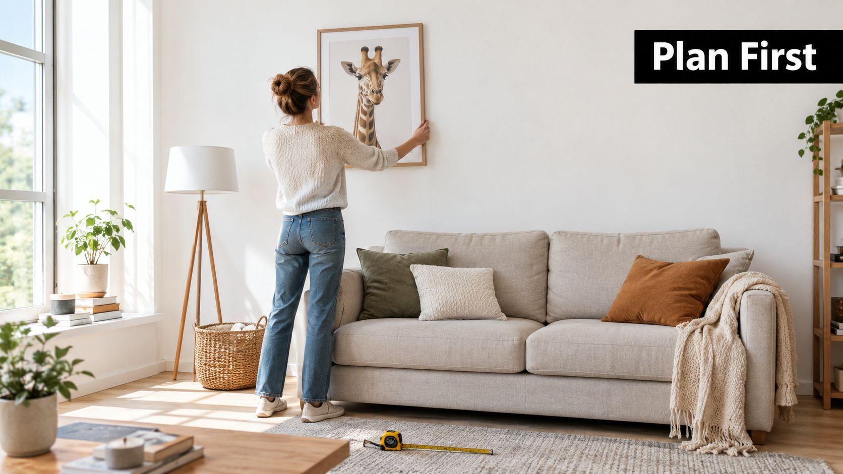 A woman stands in a modern living room decorating a wall with a framed giraffe picture art.
