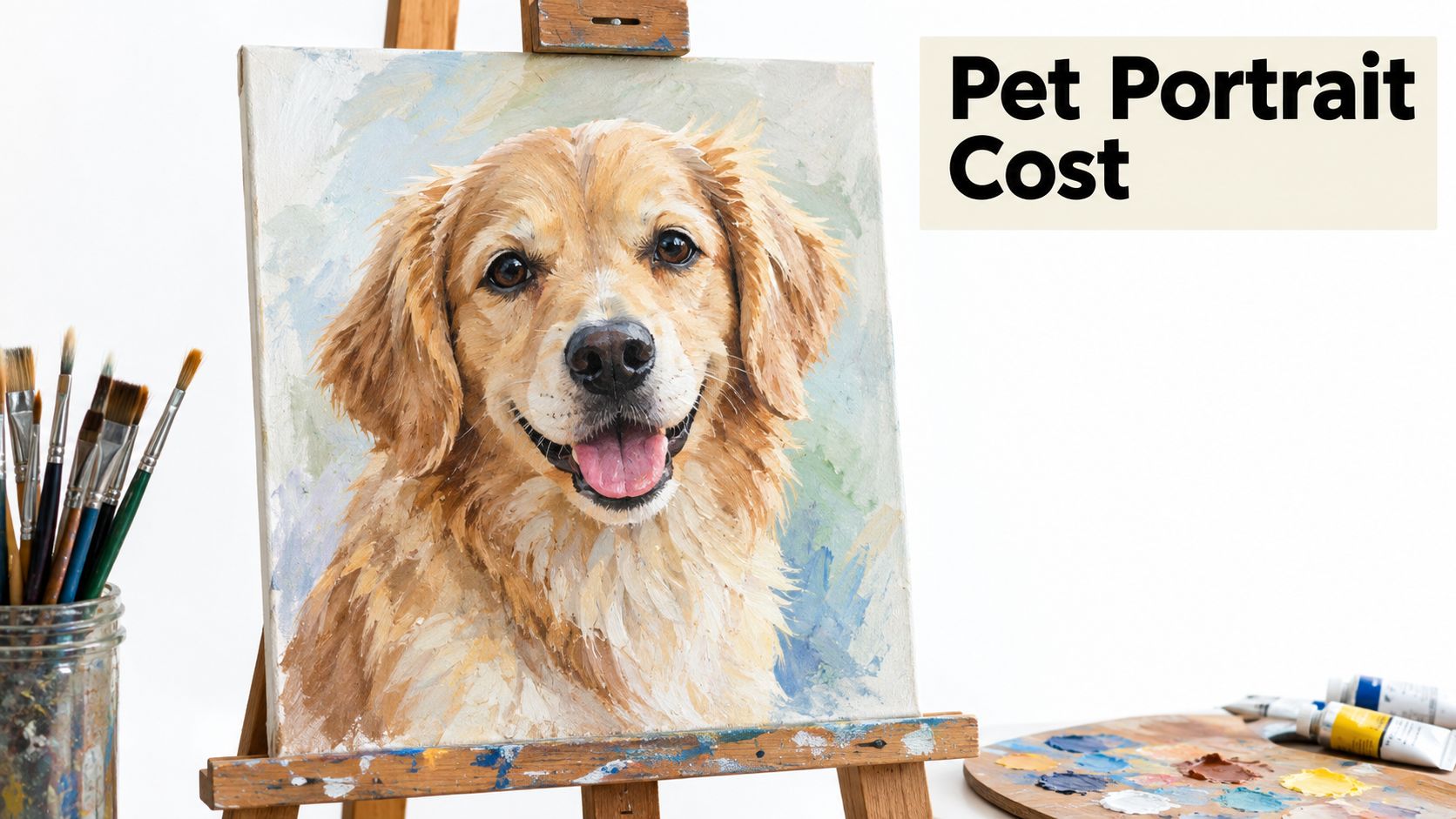 An oil painting of a smiling golden retriever on an artist easel with brushes and paints nearby.