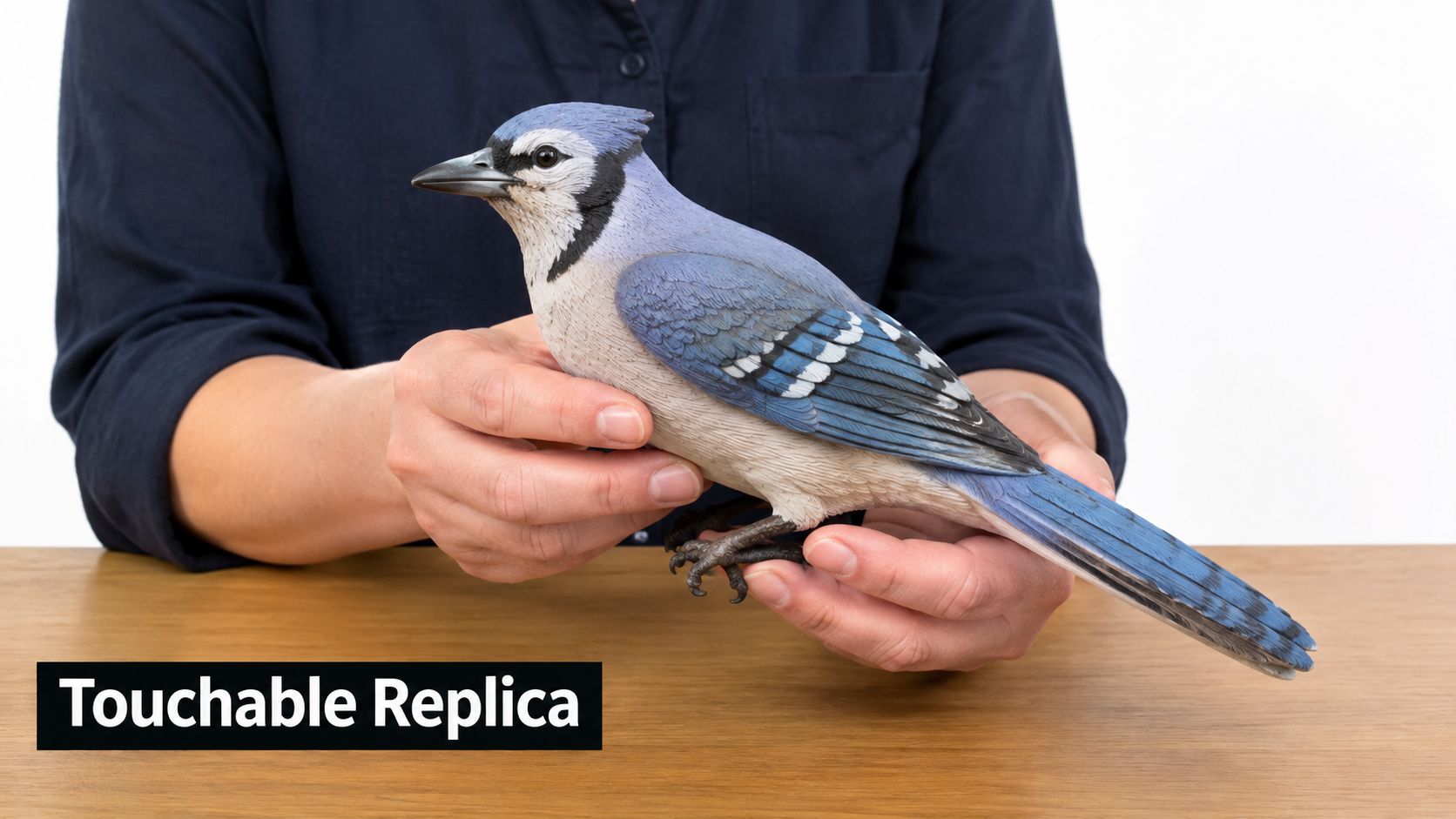 A person holding a detailed, life-sized blue jay bird replica model on a wooden table.