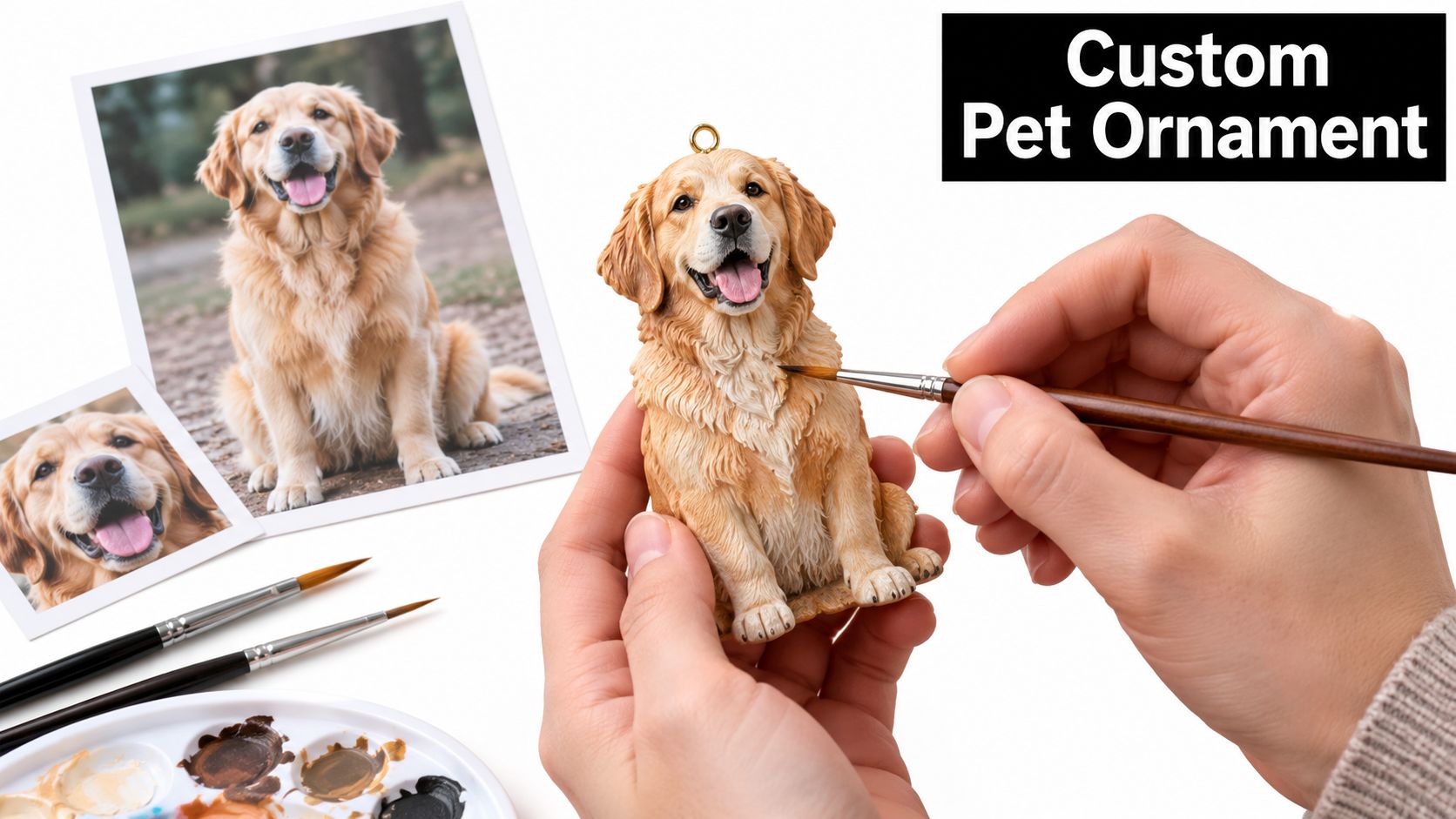 A person painting a custom golden retriever dog ornament, inspired by photos of a dog.