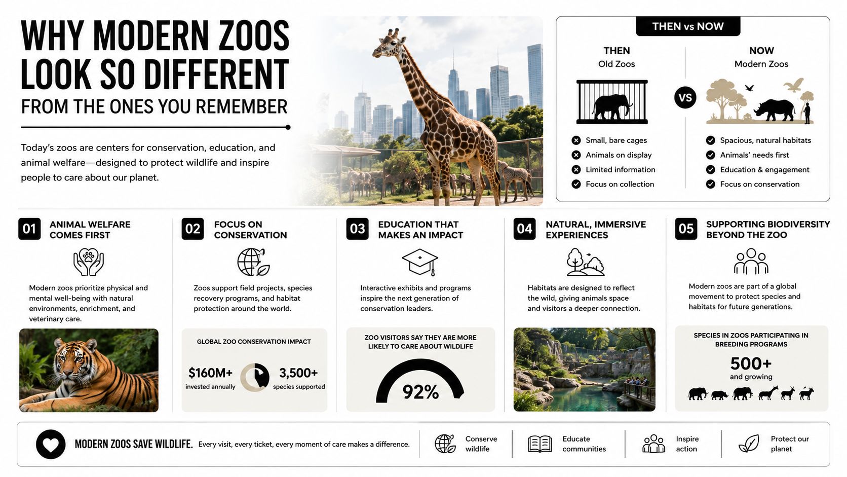 An infographic comparing old and modern zoo practices, highlighting animal welfare, education, and global wildlife conservation efforts.