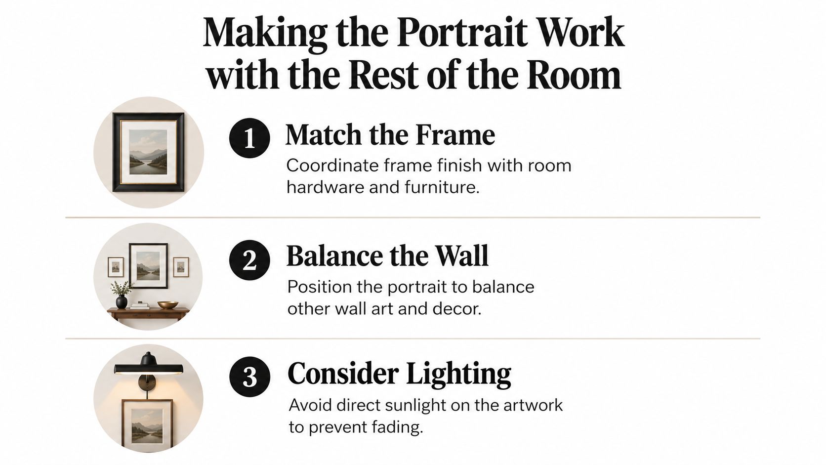 A graphic providing three professional tips for integrating framed portraits and wall art into home decor.