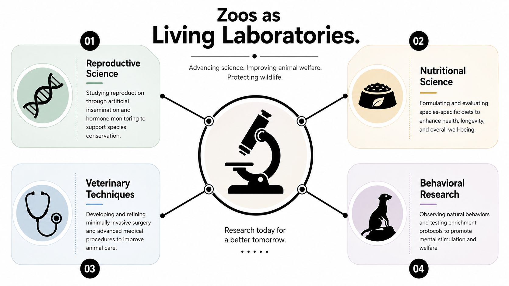 An infographic titled Zoos as Living Laboratories showing four key research areas: reproductive science, veterinary techniques, nutritional science, and behavioral research.