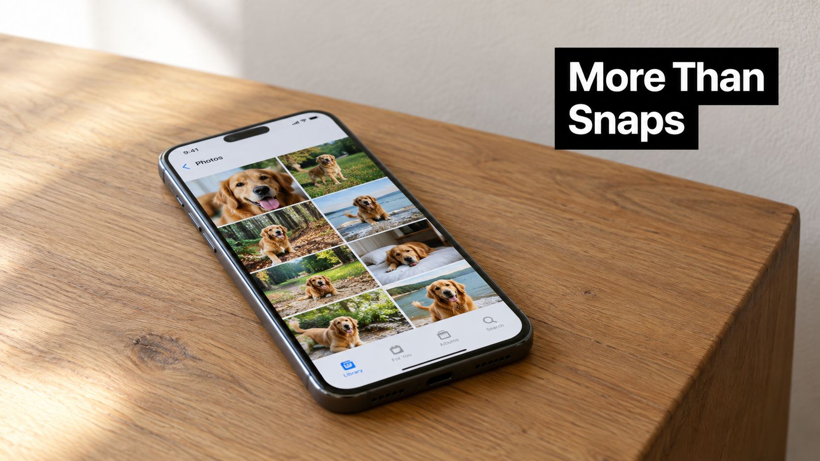A smartphone on a wooden desk displaying a photo gallery app filled with pictures of golden retrievers.