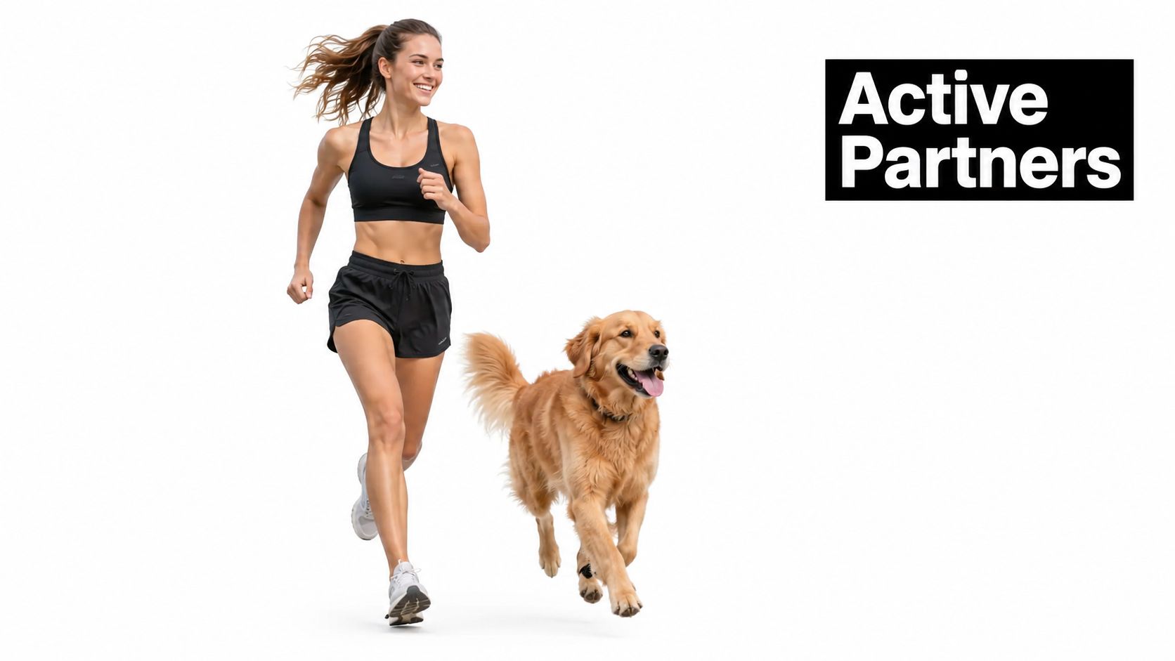 A smiling woman in athletic gear jogging alongside her happy golden retriever on a plain white background.