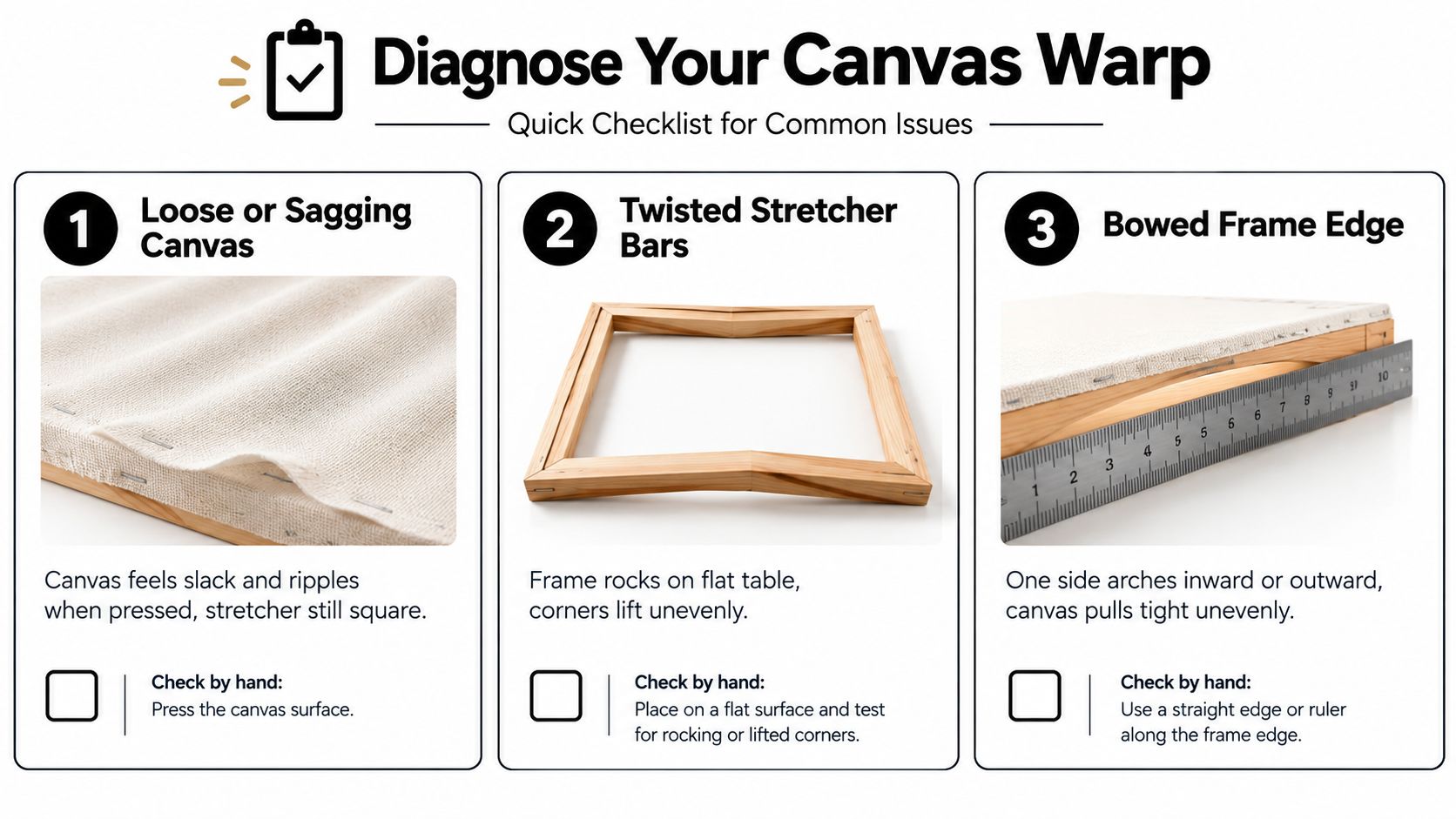 A diagnostic guide for identifying common issues with canvas frames, including loose canvas, twisted bars, and bowing.