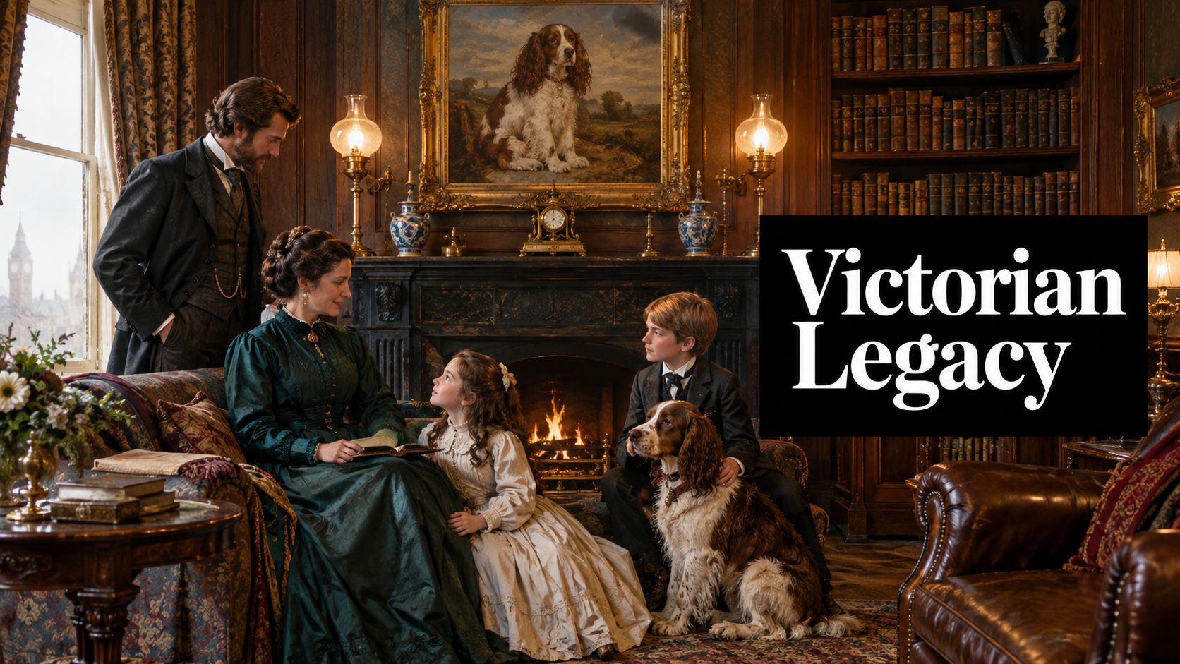 A Victorian family with a pet dog sits in an elegant library with a fireplace and portrait.