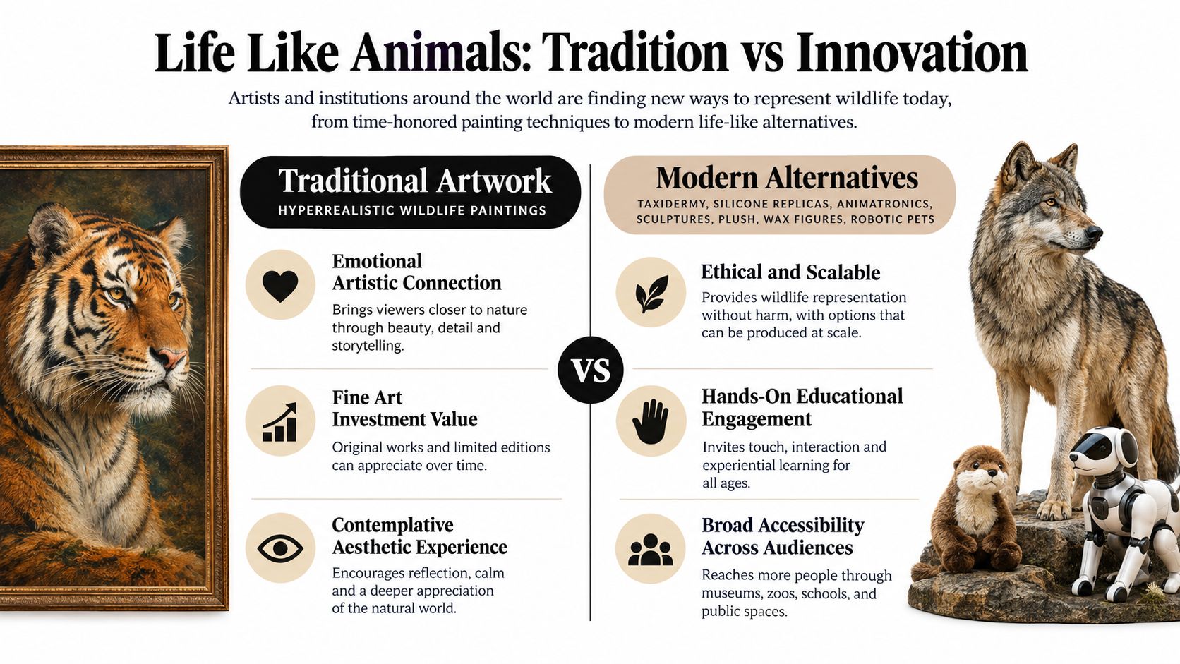 A comparative infographic highlighting the differences between traditional wildlife paintings and modern, life-like animal representations.