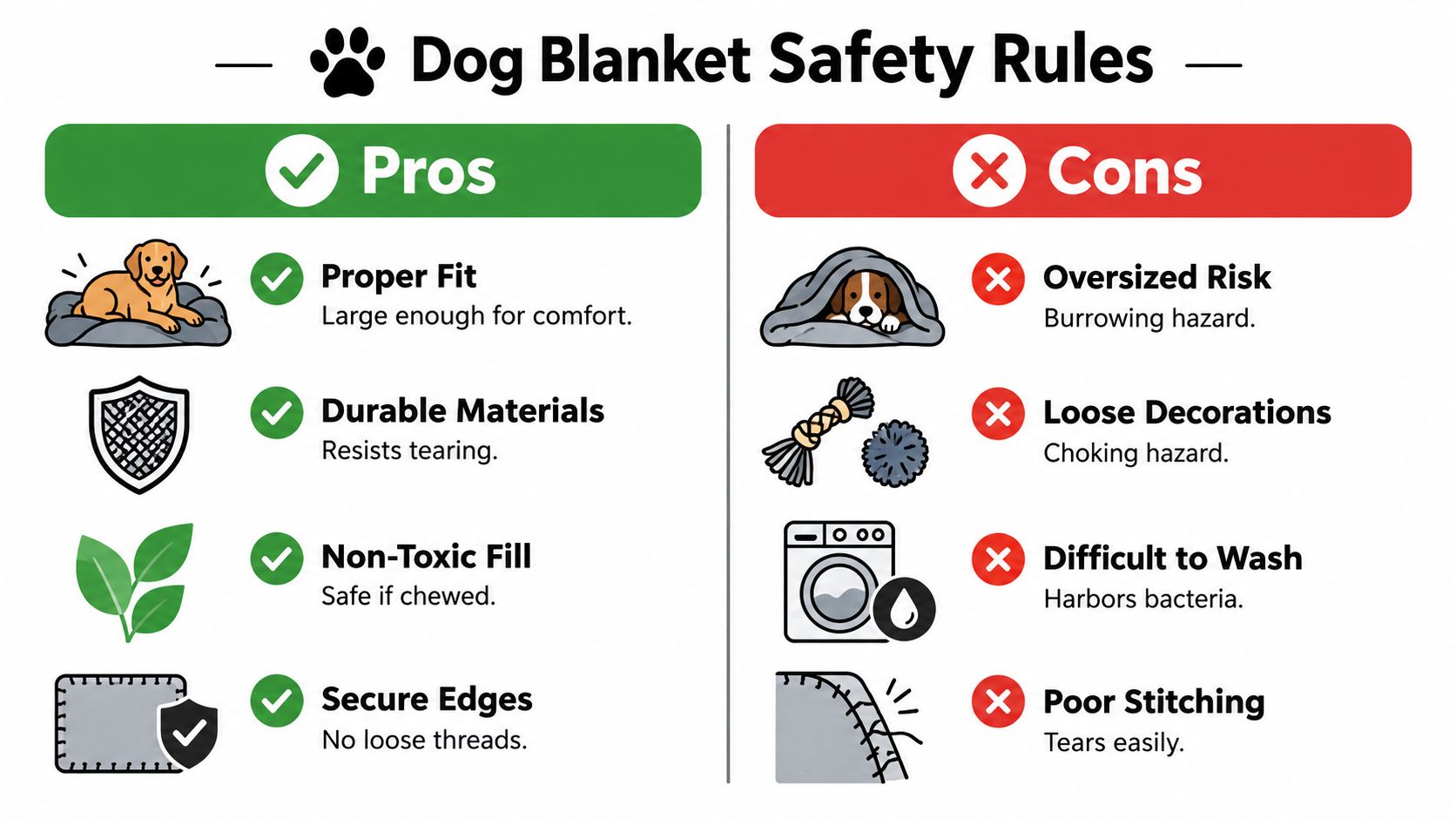 A safety infographic highlighting the pros and cons of using various types of dog blankets.