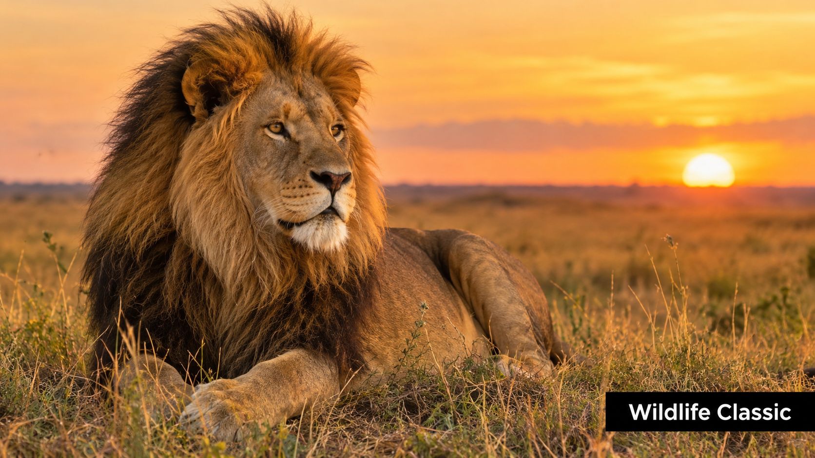 A majestic male lion with a full mane resting in the golden African savanna at sunset.