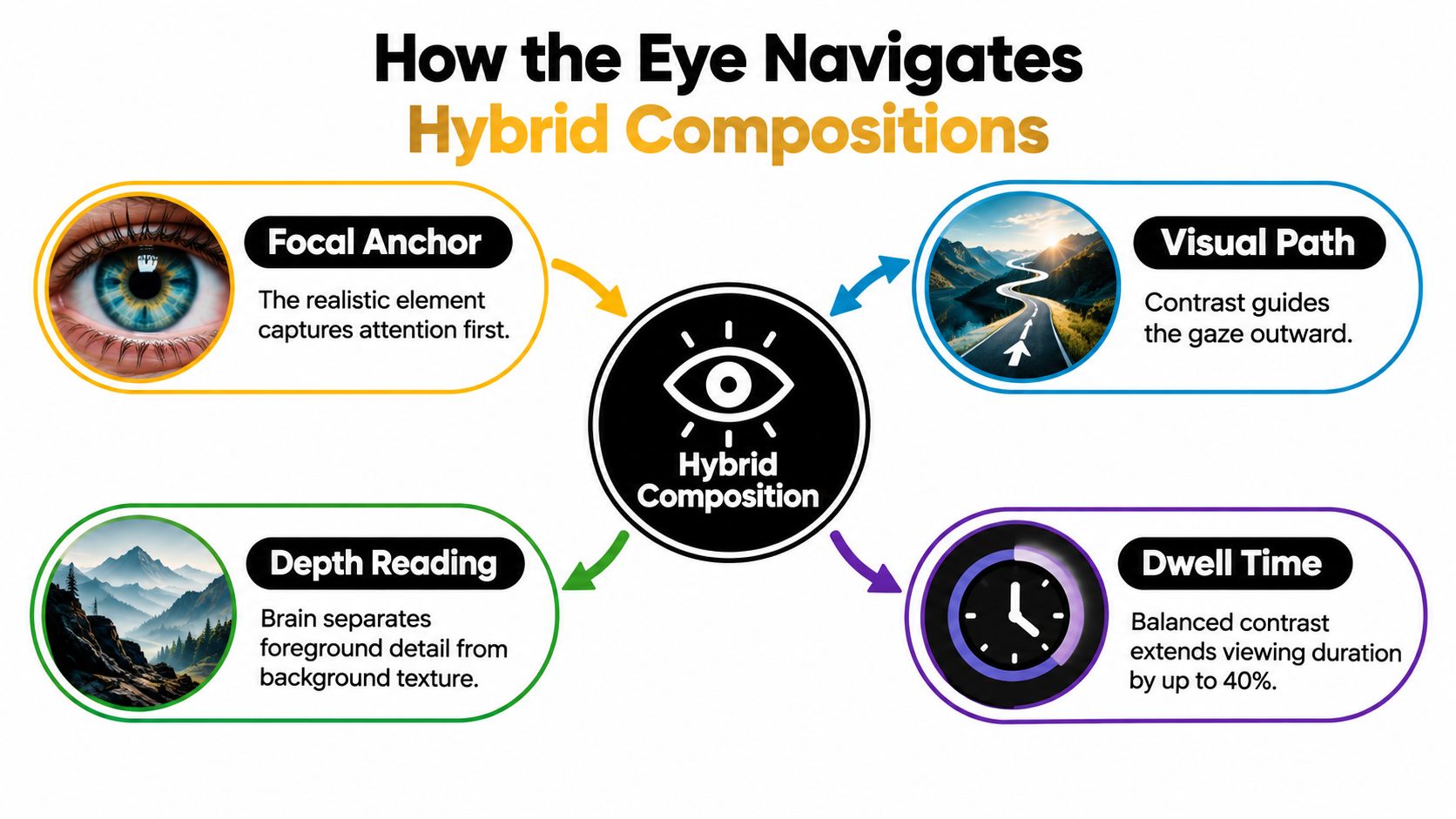 An infographic explaining how the human eye navigates hybrid compositions through four distinct visual perception principles.