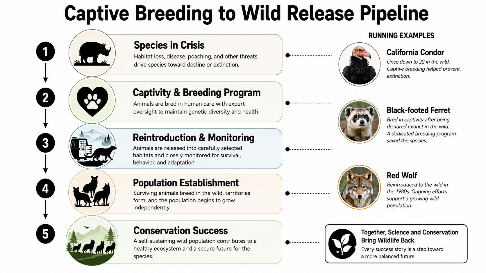 A five-step infographic showing how captive breeding and reintroduction help save endangered species from extinction.