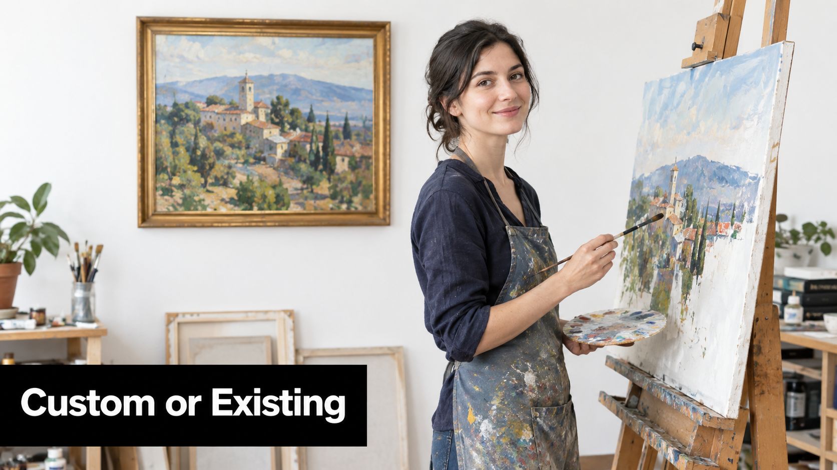 A female artist wearing an apron painting a landscape scene on a canvas in a studio.