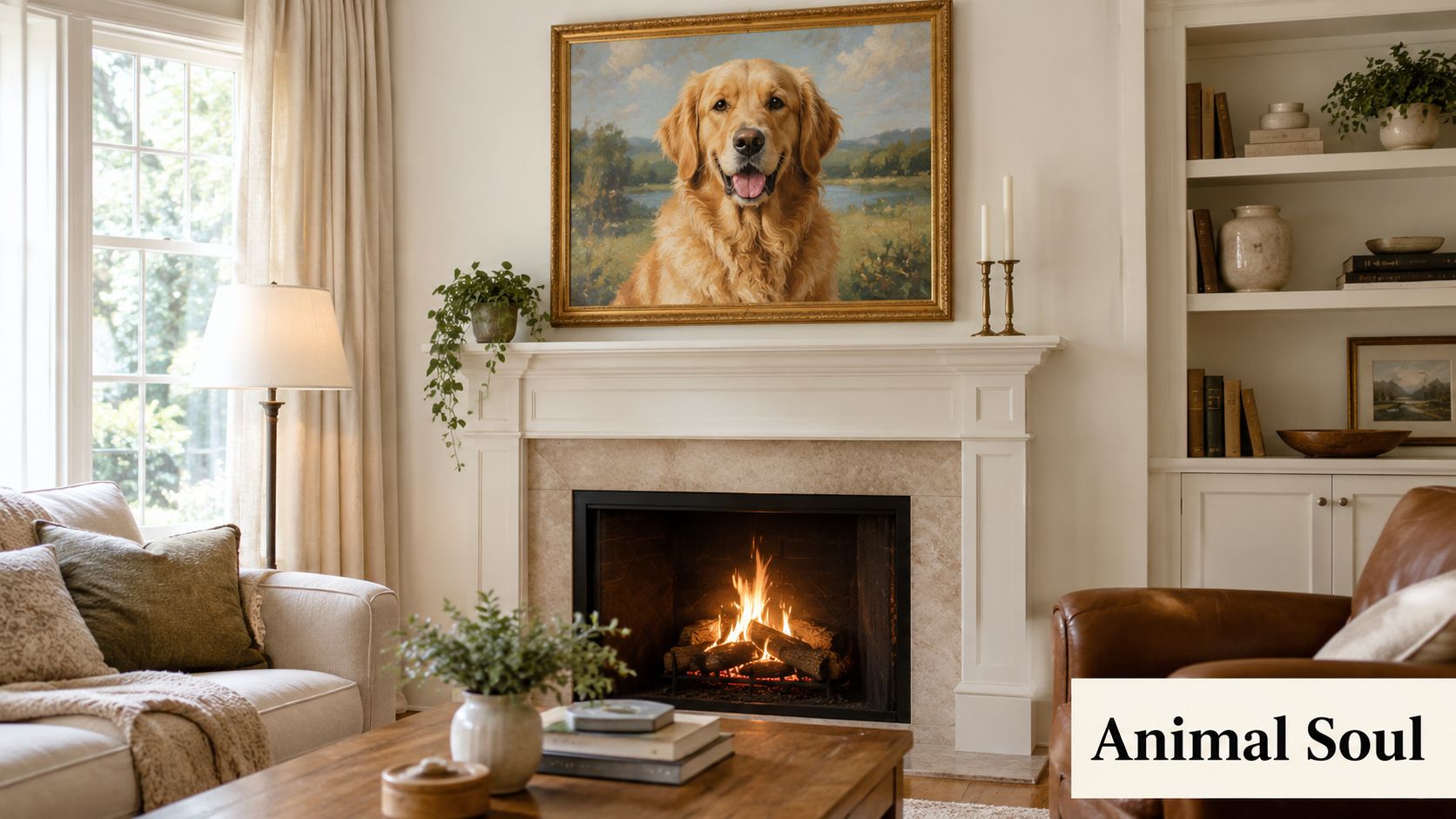 A cozy living room features a fireplace topped with a large golden retriever dog oil painting.