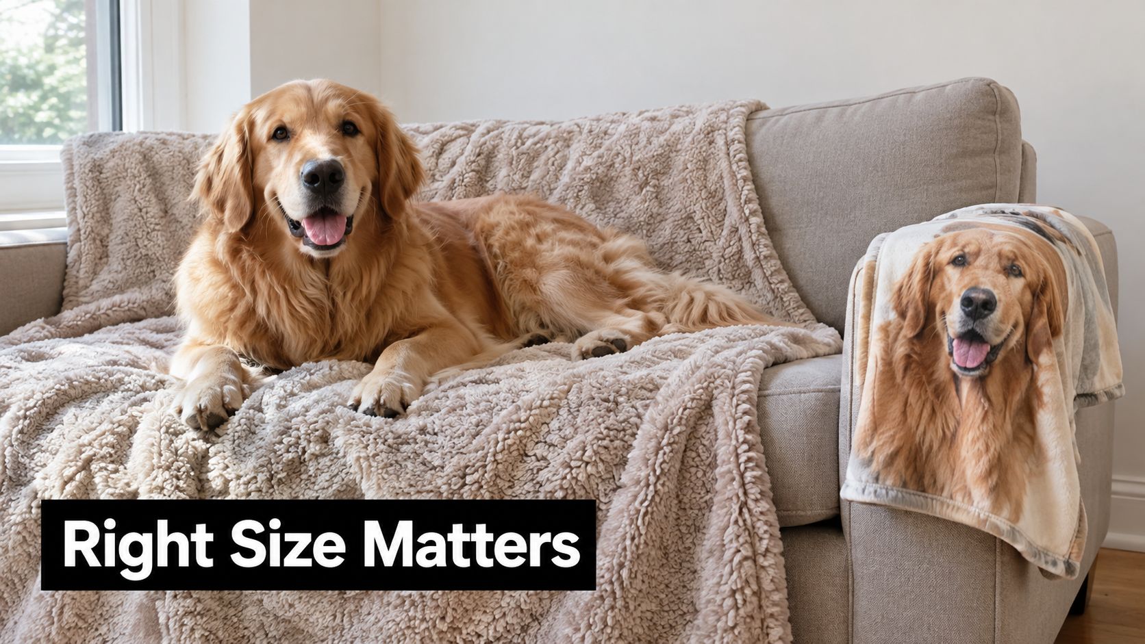 A fluffy golden retriever lying on a couch next to a custom blanket featuring its own photo.