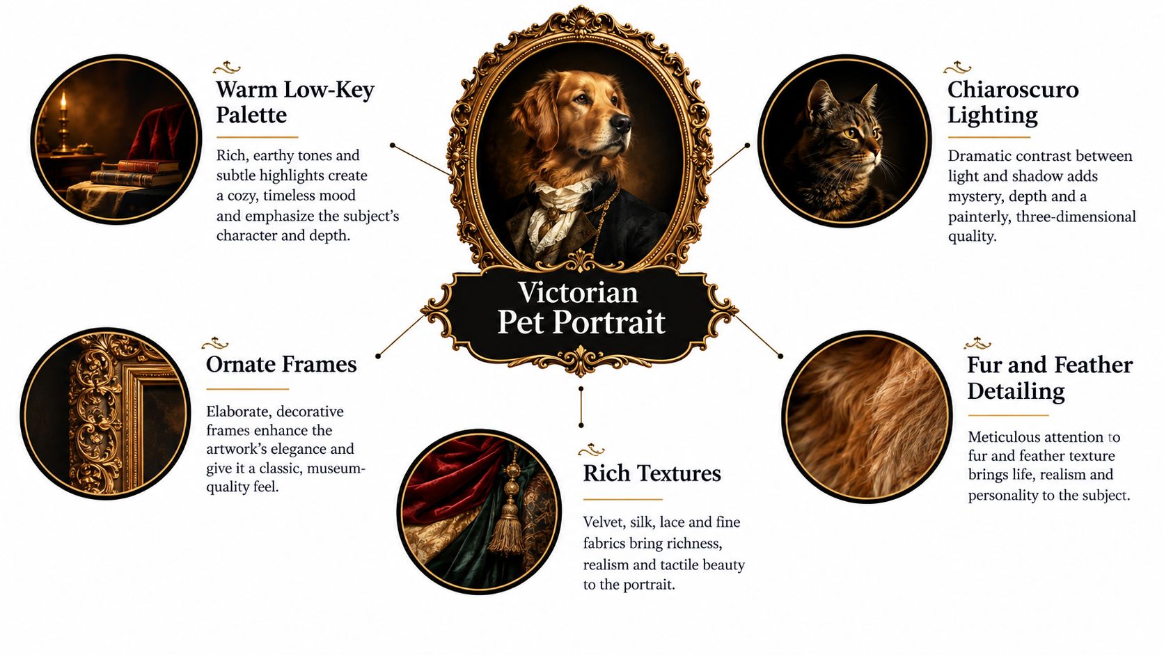 An infographic detailing the key elements of Victorian-style pet portraits including lighting, framing, texture, and color palettes.