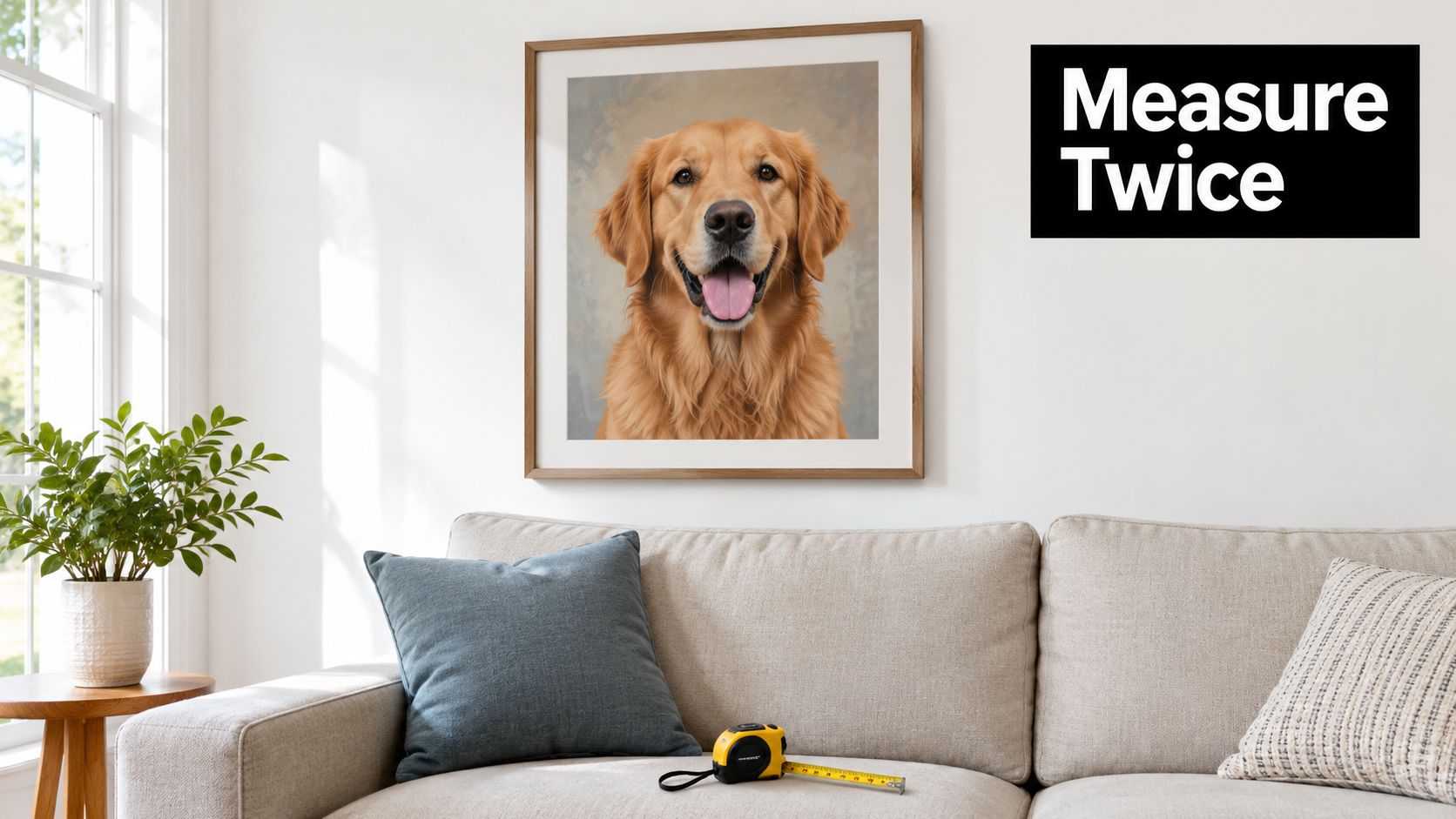 A large framed portrait of a golden retriever dog hanging on a white wall above a beige sofa.