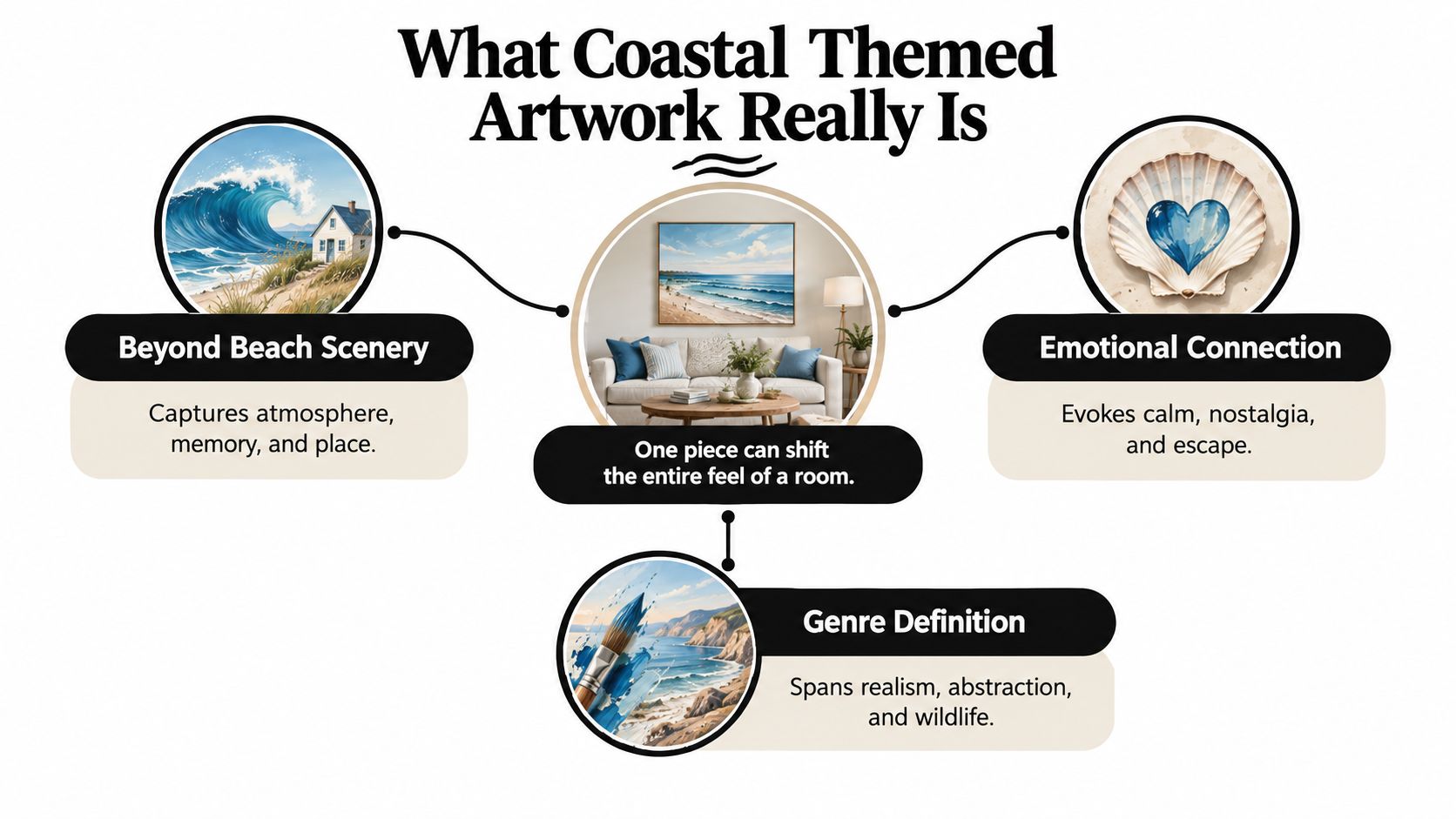 An infographic titled What Coastal Themed Artwork Really Is, highlighting its emotional, atmospheric, and versatile aesthetic qualities.