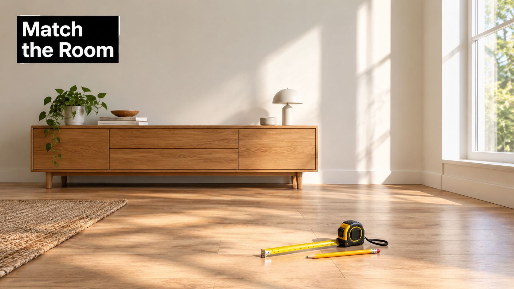 A minimalist living room with wooden flooring, a low oak media console, and a yellow tape measure.