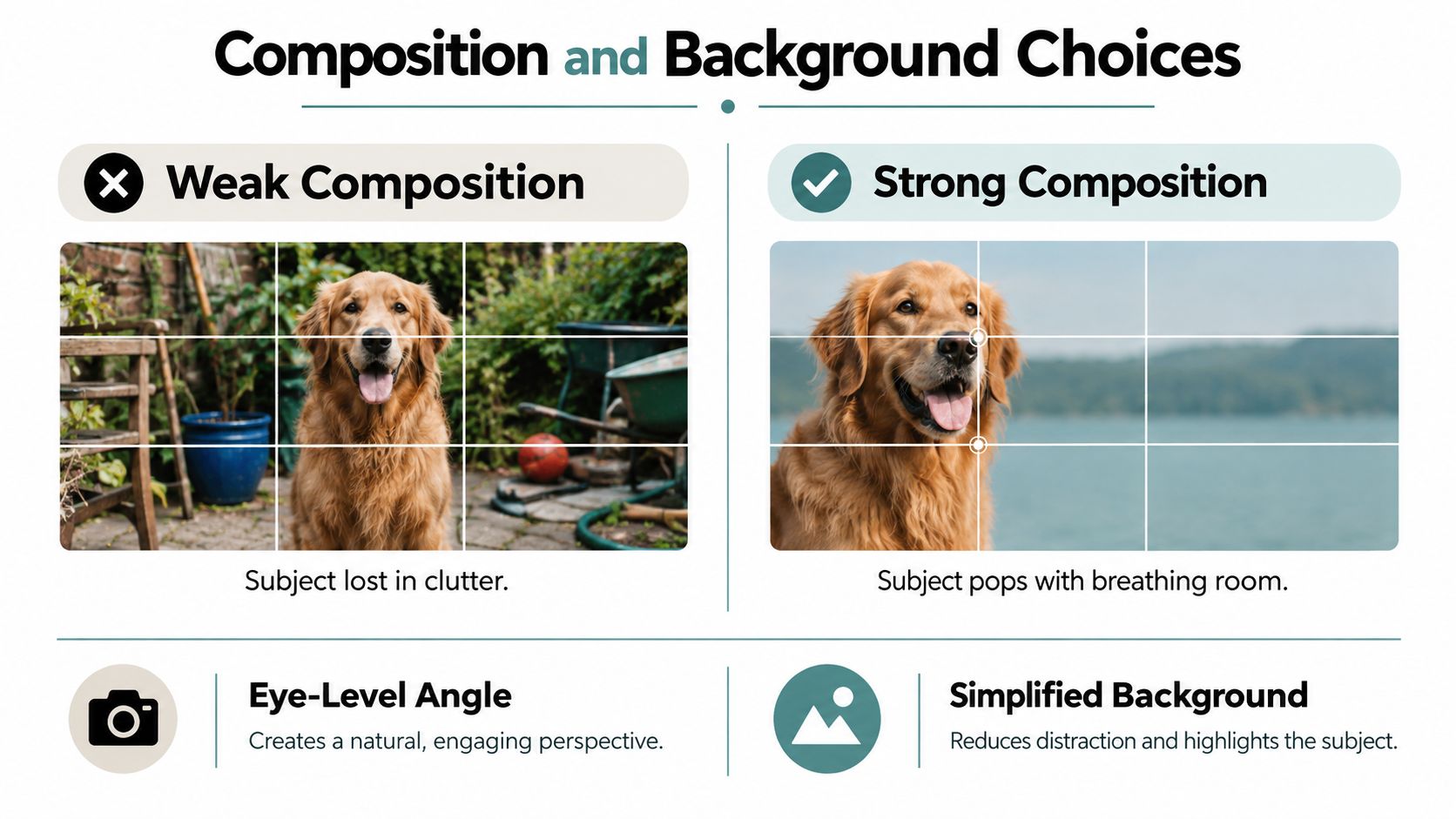 A comparison guide showing examples of weak and strong composition for dog portrait photography.